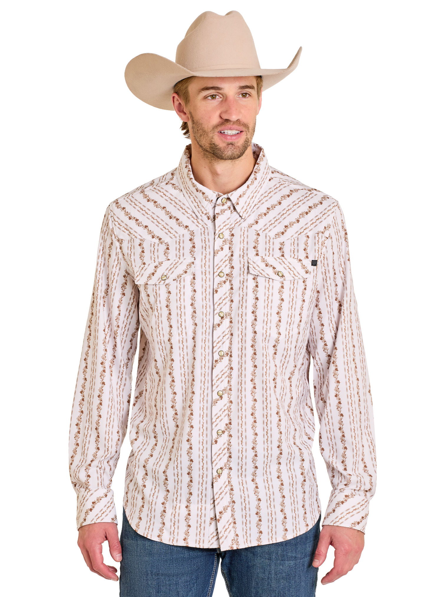 Man wearing a patterned long-sleeve shirt and cowboy hat on a white background