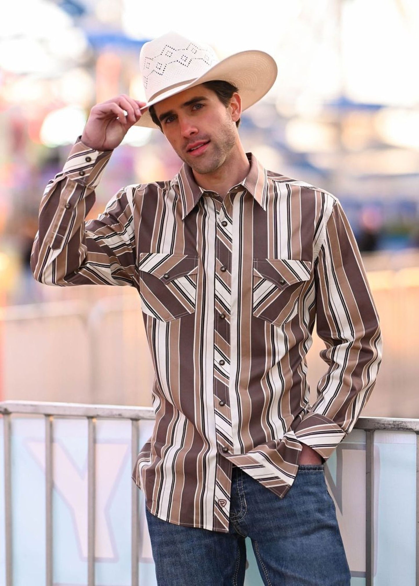 Men's Slim Fit Brown Stripe Long Sleeve Snap Shirt