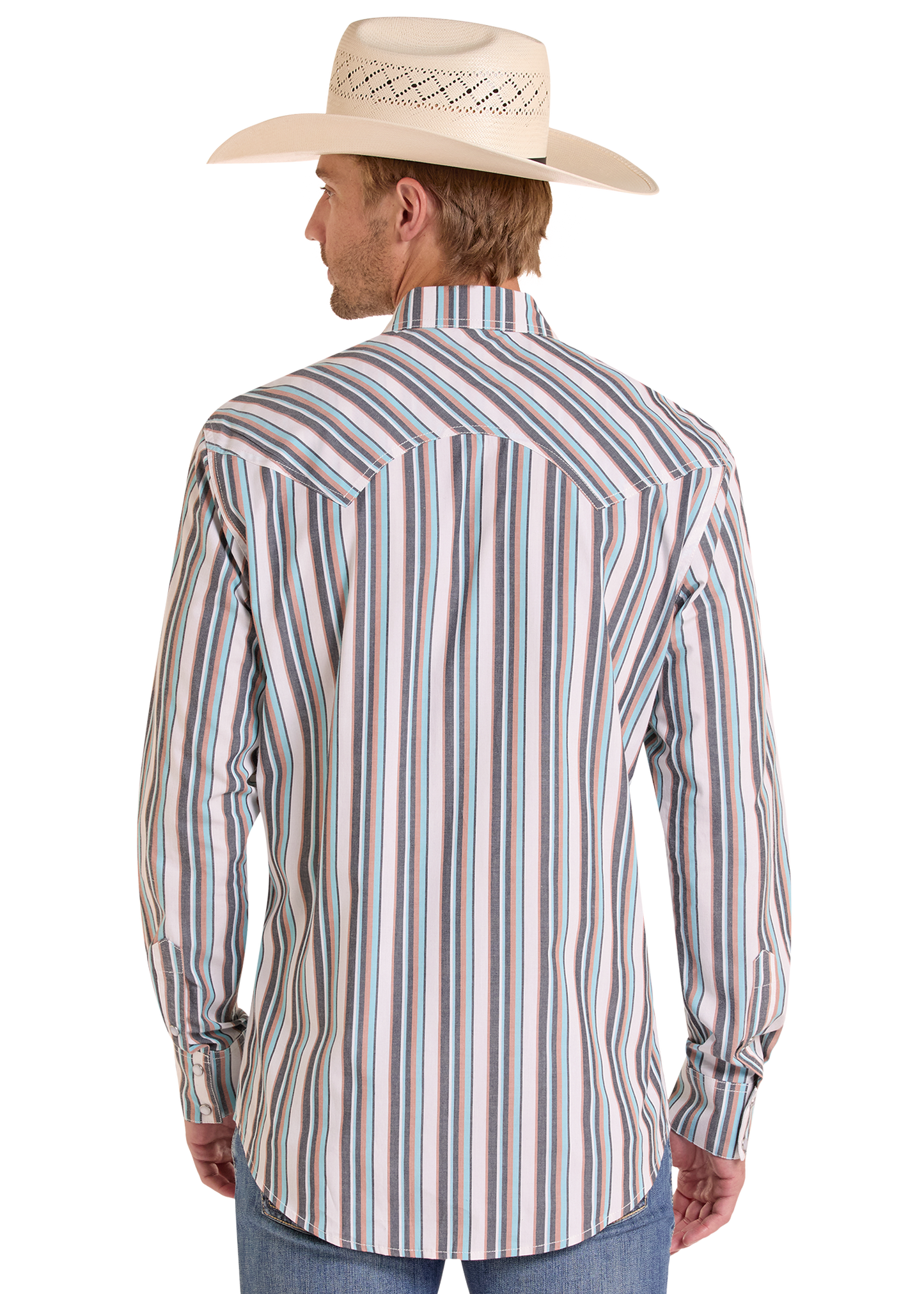 Man wearing a striped long-sleeve shirt and cowboy hat on a white background