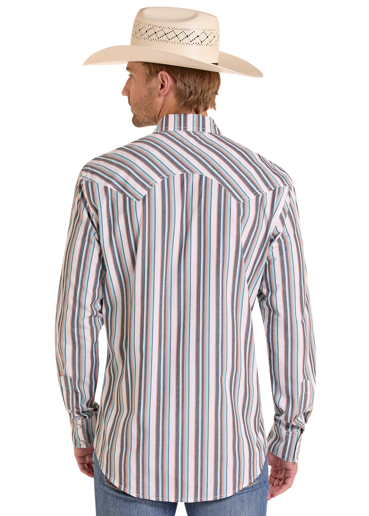 Man wearing a striped long-sleeve shirt and cowboy hat on a white background