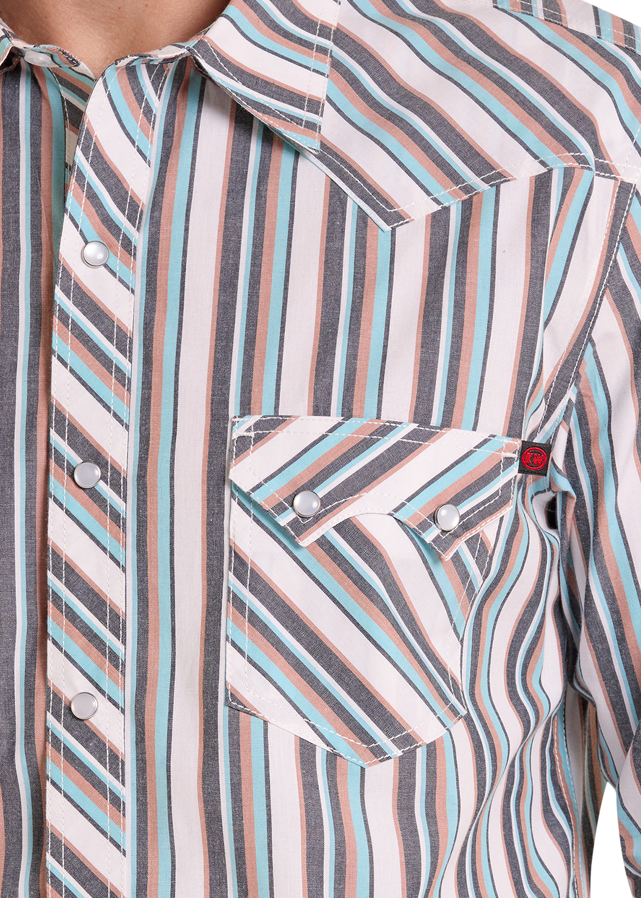 Close-up of a patterned shirt with a pocket detail