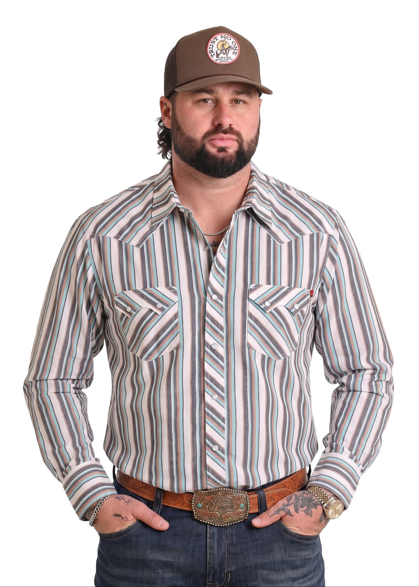 Koe Wetzel wearing a striped snap shirt 