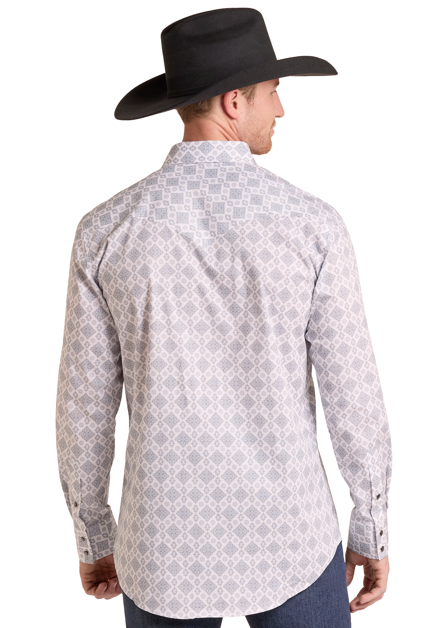 A man wearing a light gray and white geometric patterned western shirt, shown from the back. He is also wearing a black cowboy hat and blue jeans, photographed against a solid white background.