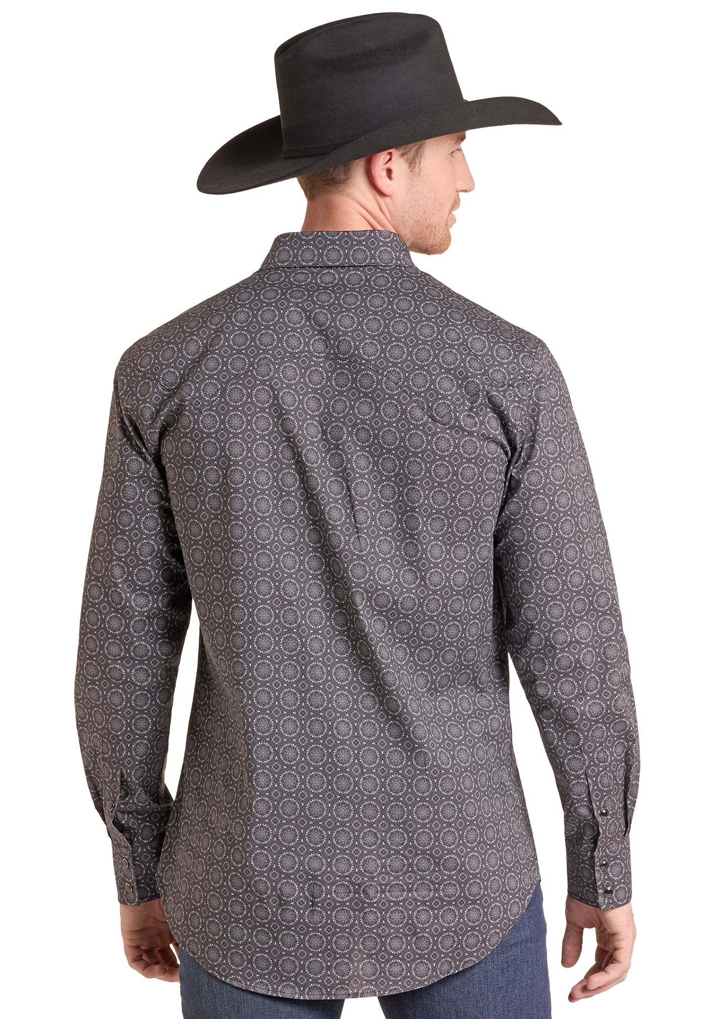 A man wearing a dark gray long-sleeve western shirt with a subtle geometric pattern, paired with a black cowboy hat and blue jeans, shown from the back against a white background.