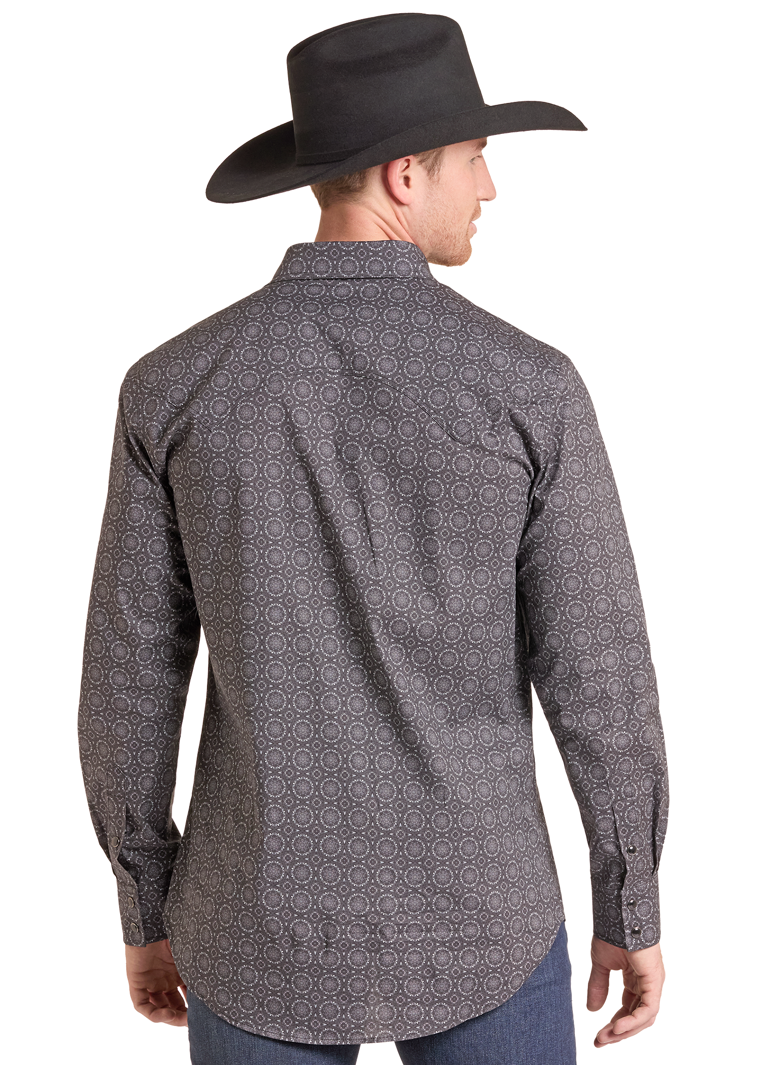 A man wearing a dark gray long-sleeve western shirt with a subtle geometric pattern, paired with a black cowboy hat and blue jeans, shown from the back against a white background.