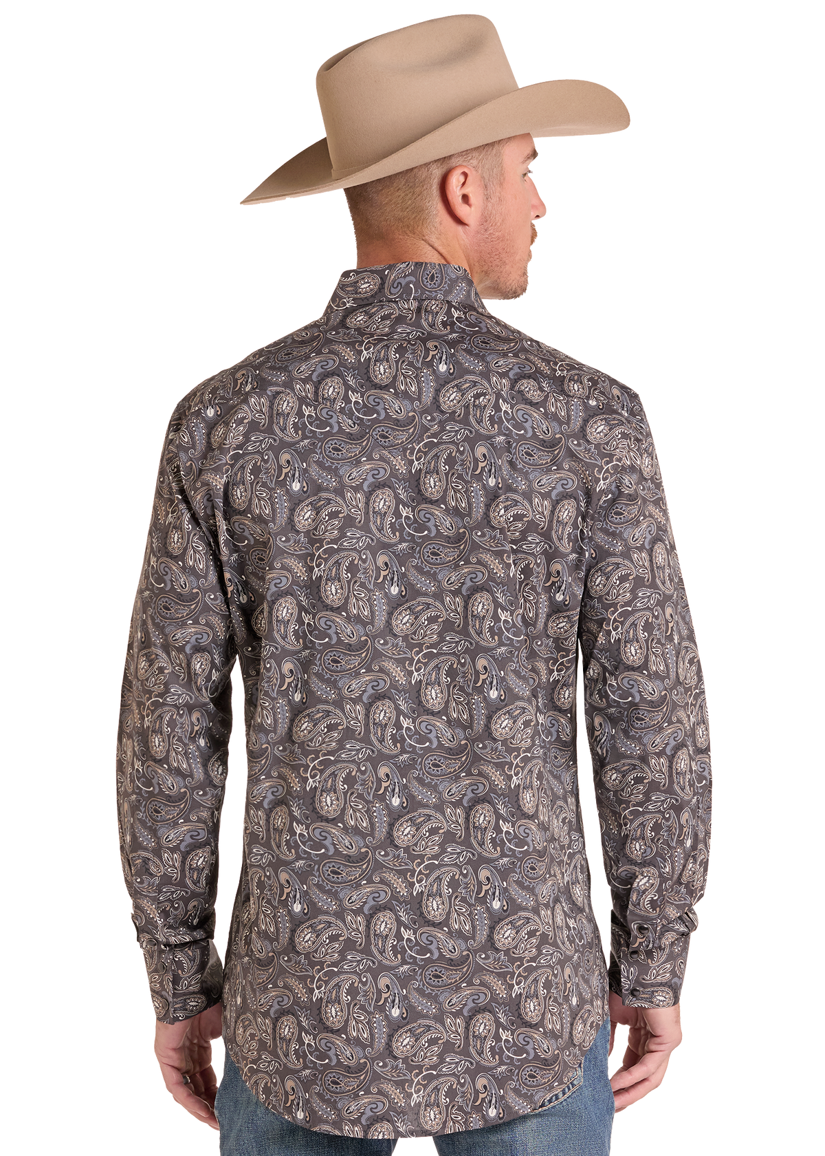 A man wearing a tan cowboy hat and a long-sleeve western shirt with a brown, gray, and beige paisley pattern, shown from the back against a white background.
