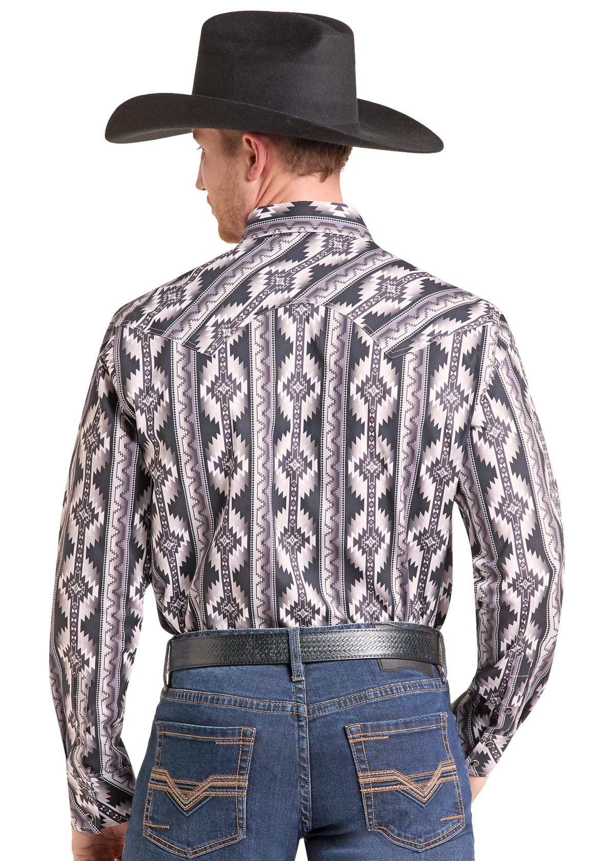 A man wearing a black cowboy hat, a long-sleeve western shirt with a gray, black, and white geometric pattern, and blue jeans, shown from the back against a white background.
