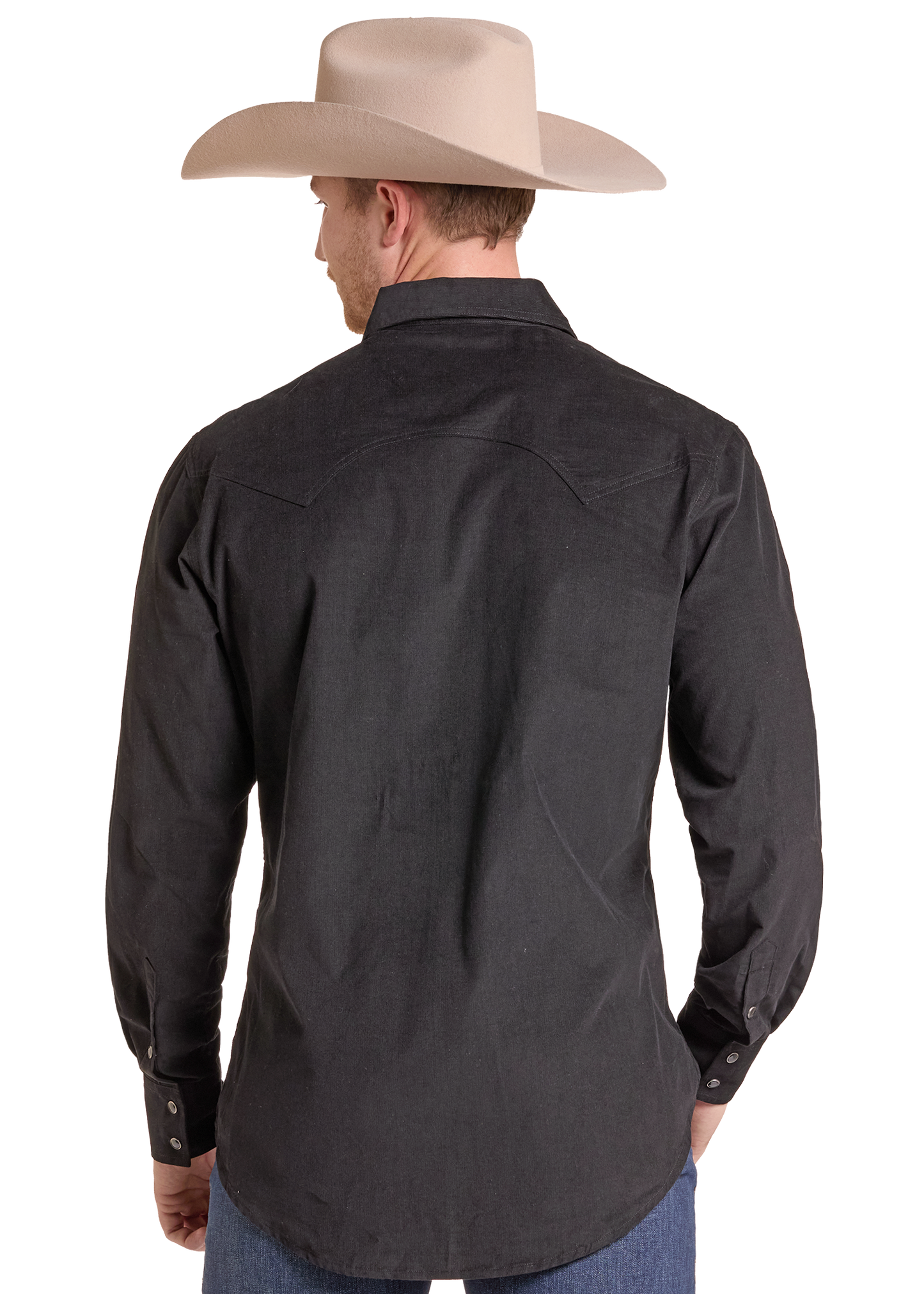 A man shown from the back wearing a black western-style long-sleeve shirt and a beige cowboy hat, photographed against a plain white studio background.