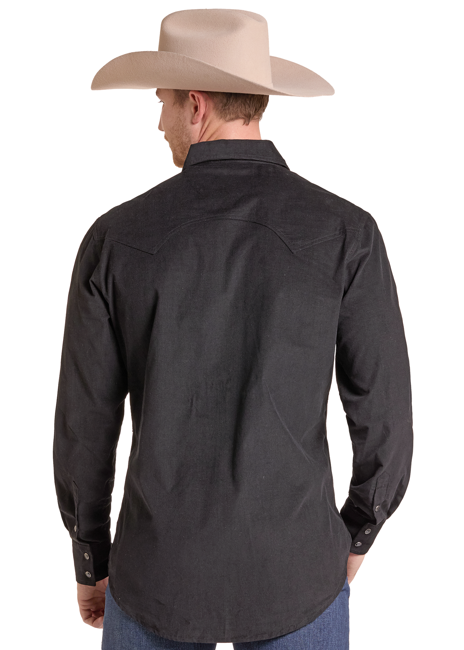 A man shown from the back wearing a black western-style long-sleeve shirt and a beige cowboy hat, photographed against a plain white studio background.