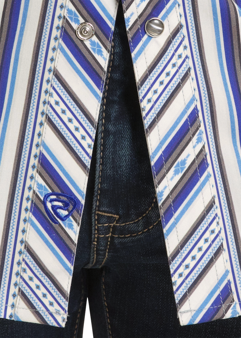 Close-up of a striped button-up shirt with blue, white, and gray diagonal patterns, worn open over dark blue denim jeans.