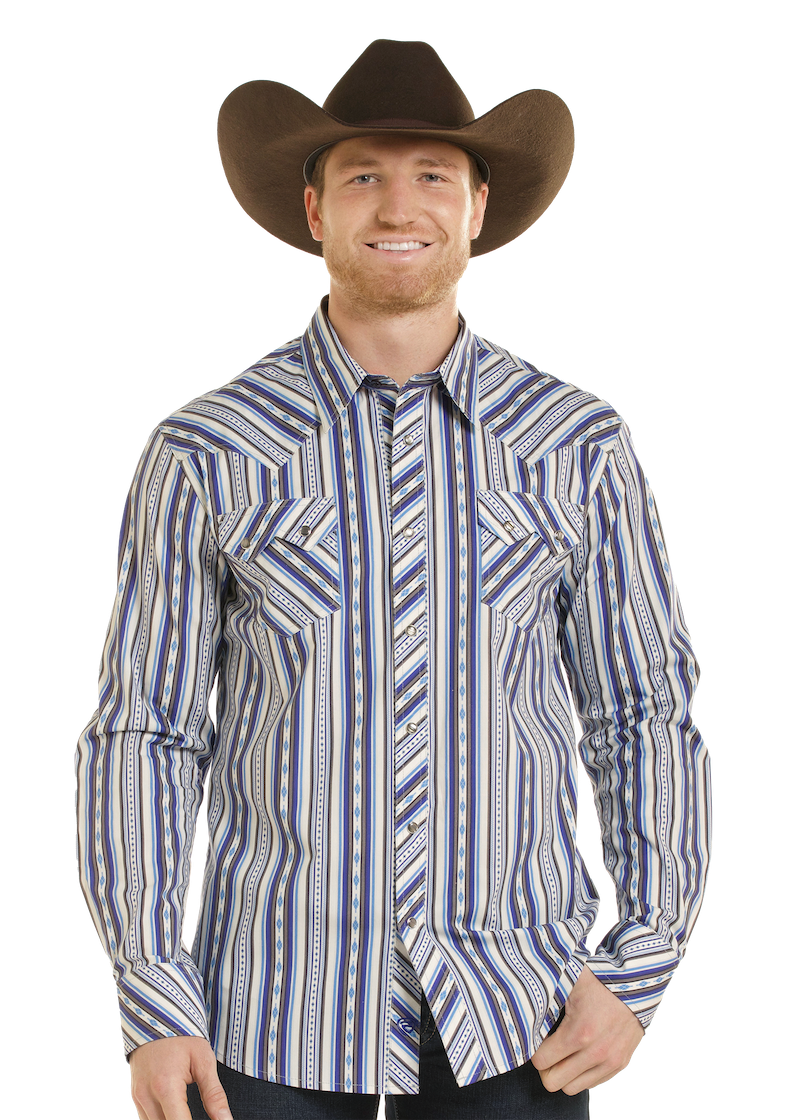 A man wearing a brown cowboy hat and a blue, white, and yellow striped western long-sleeve shirt, photographed against a solid white background.
