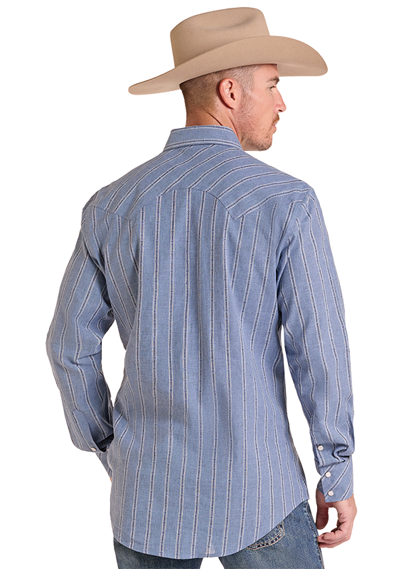 A man wearing a light blue western-style striped shirt and a tan cowboy hat, shown from the back against a plain white background.