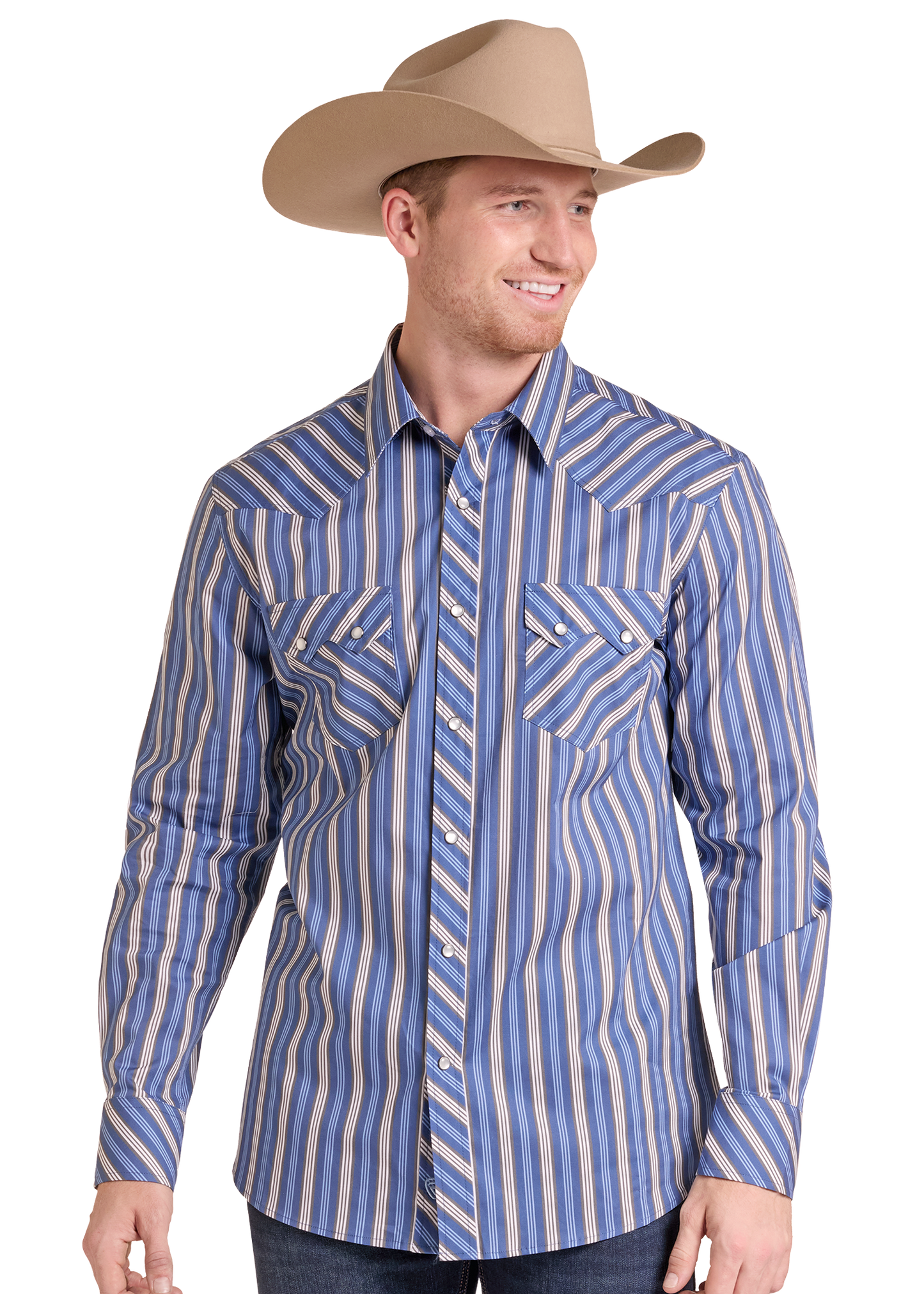 A man wearing a blue and beige vertically striped western long-sleeve shirt and a tan cowboy hat, shown against a plain white background.