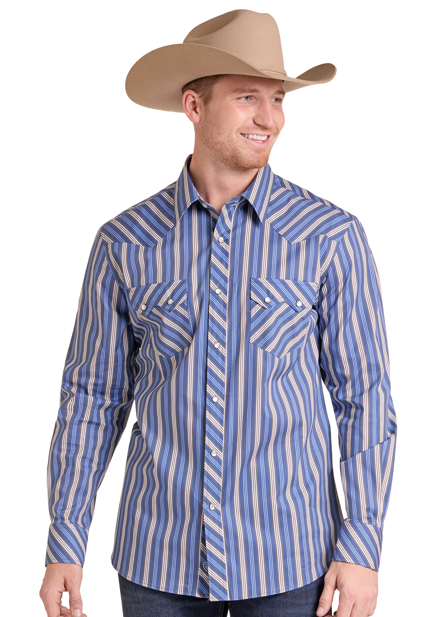 A man wearing a blue and beige vertically striped western long-sleeve shirt and a tan cowboy hat, shown against a plain white background.