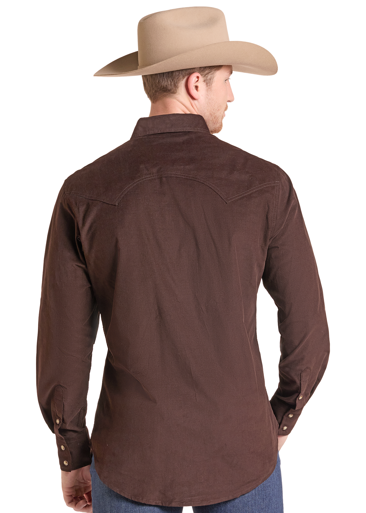 A man wearing a brown western-style long-sleeve shirt and a tan cowboy hat, shown from the back against a plain white background.