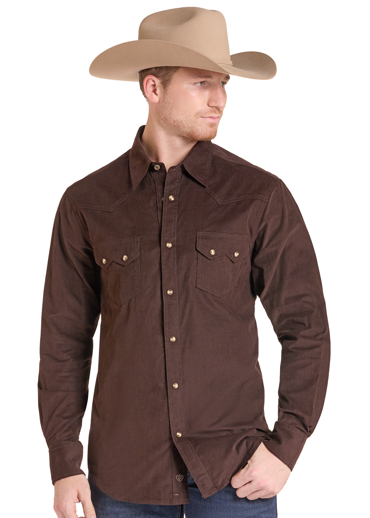 A man wearing a brown western-style long-sleeve button-up shirt and a tan cowboy hat, shown against a plain white background.