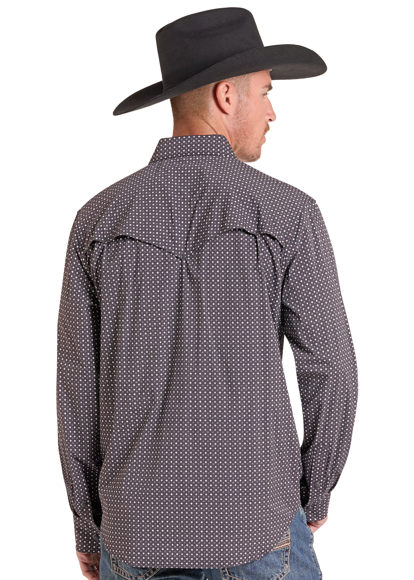 A man wearing a dark gray long-sleeve western shirt with a small white micro-dot pattern, shown from the back. He is also wearing a black cowboy hat and blue jeans, photographed against a solid white background.
