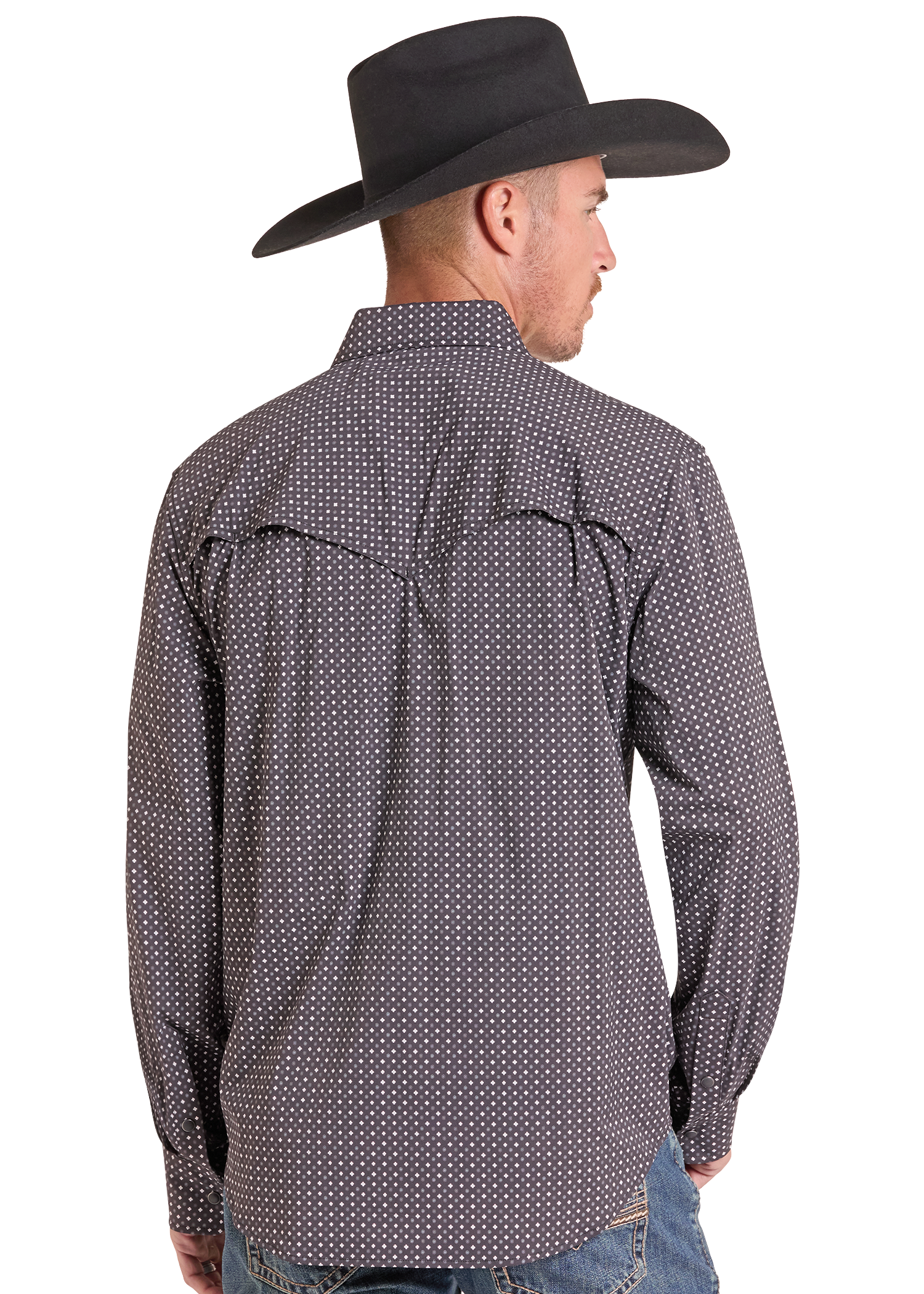 A man wearing a dark gray long-sleeve western shirt with a small white micro-dot pattern, shown from the back. He is also wearing a black cowboy hat and blue jeans, photographed against a solid white background.