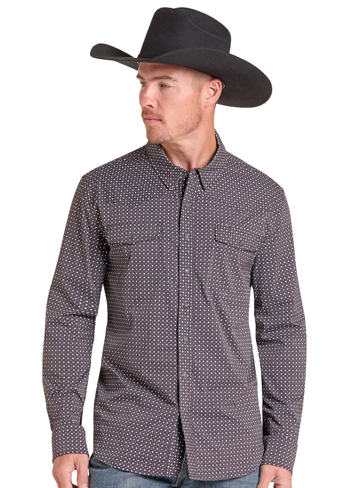 A man wearing a black cowboy hat and a dark gray long-sleeve western shirt with a small white micro-dot pattern, shown against a plain white background.