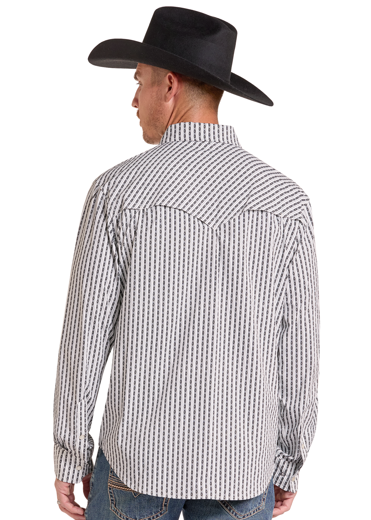 A man wearing a black cowboy hat and a black and white vertically striped western shirt, shown from the back against a plain white background.