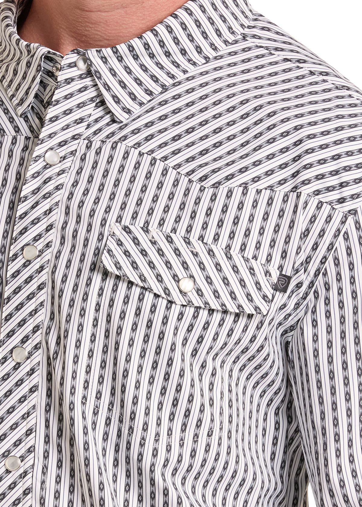 Close-up of a men's western-style button-up shirt with a pointed collar, chest flap pocket, and vertical wavy stripes in black and gray on a white base.