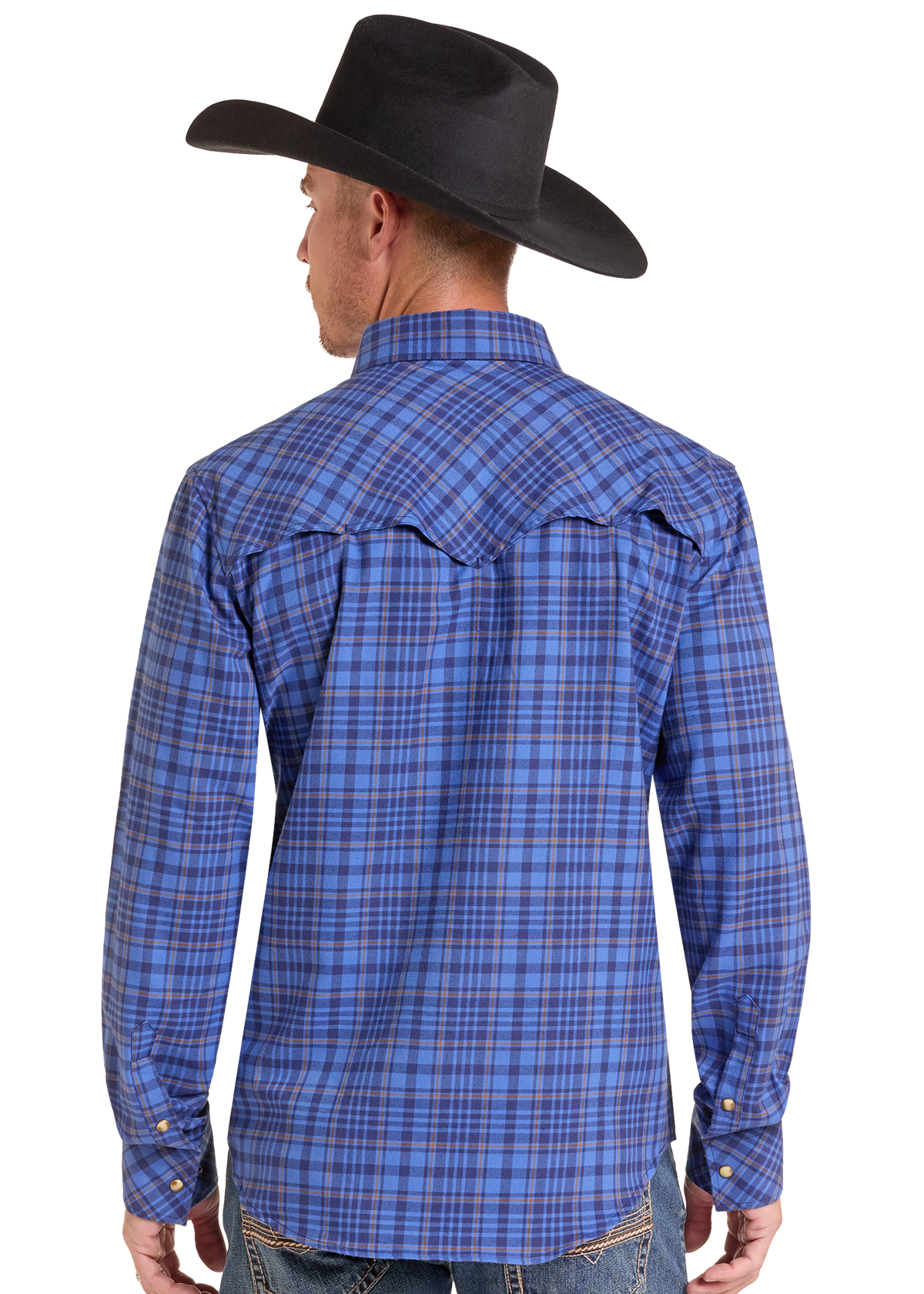 A man shown from the back wearing a blue and black plaid western long-sleeve shirt and a black cowboy hat, photographed against a plain white background.