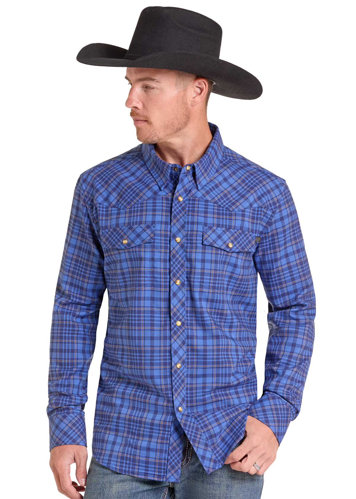 A man wearing a blue and purple plaid western long-sleeve shirt with a black cowboy hat, shown against a plain white background.