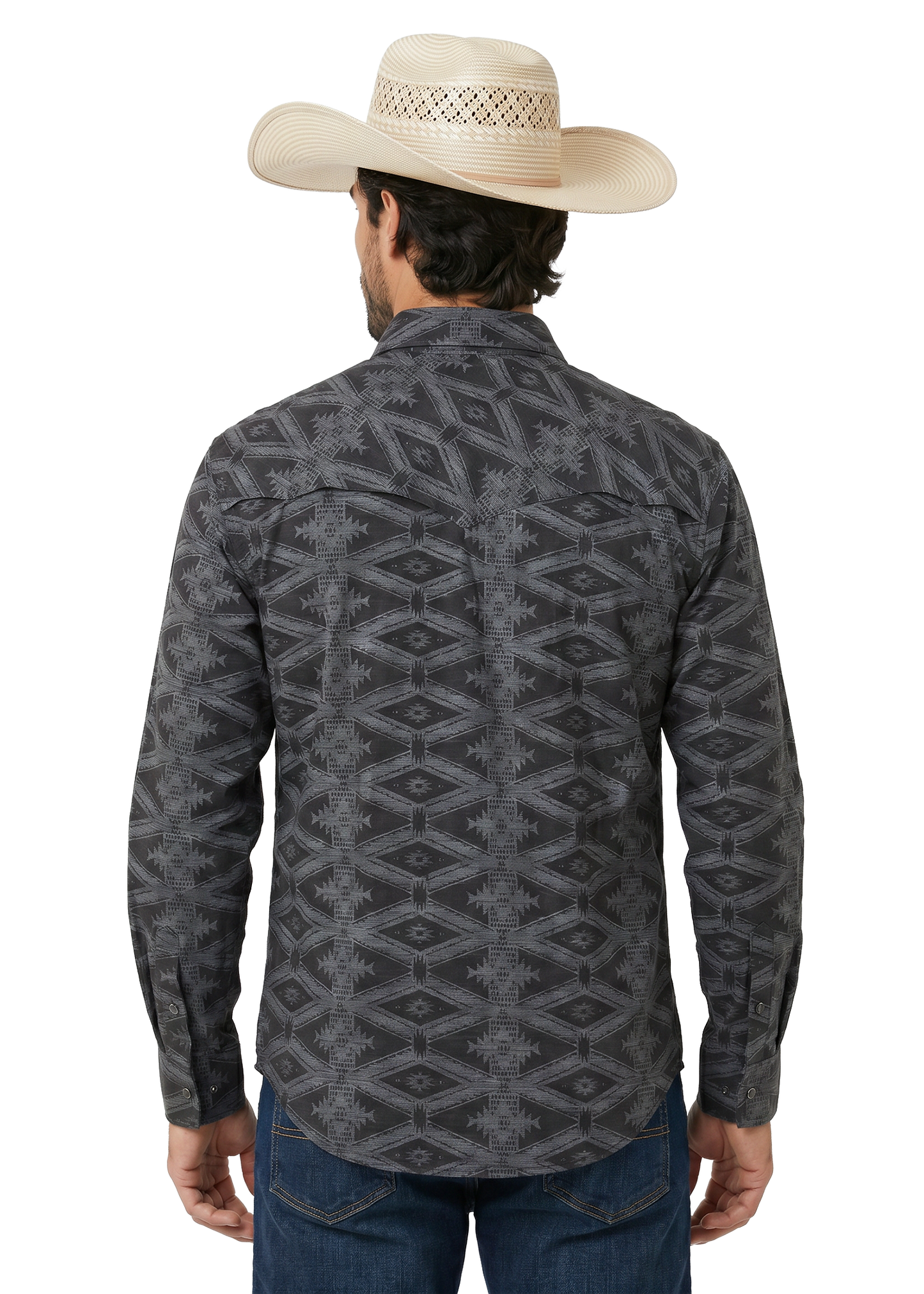 Man wearing a patterned shirt and cowboy hat on a white background