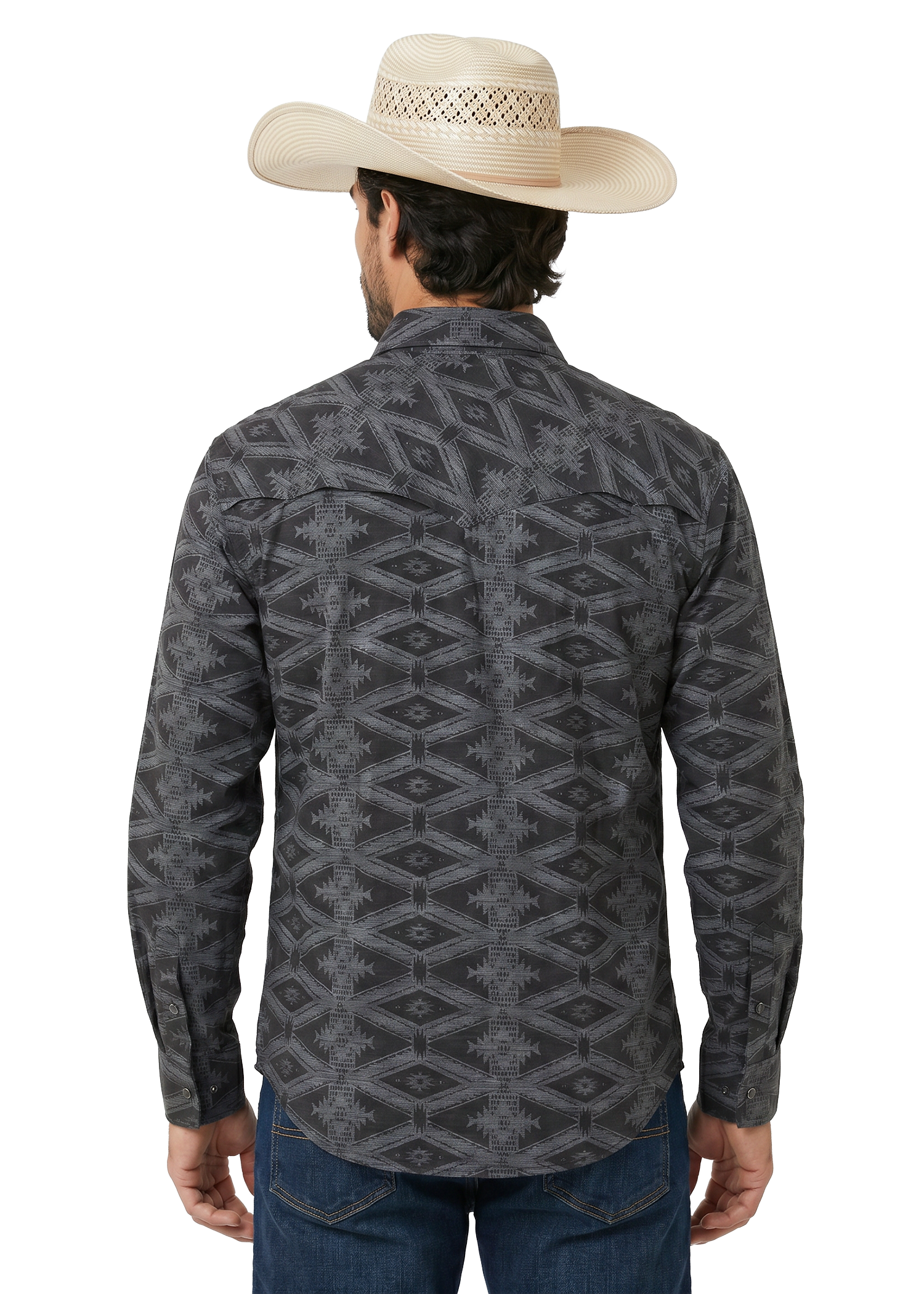 Man wearing a patterned shirt and cowboy hat on a white background