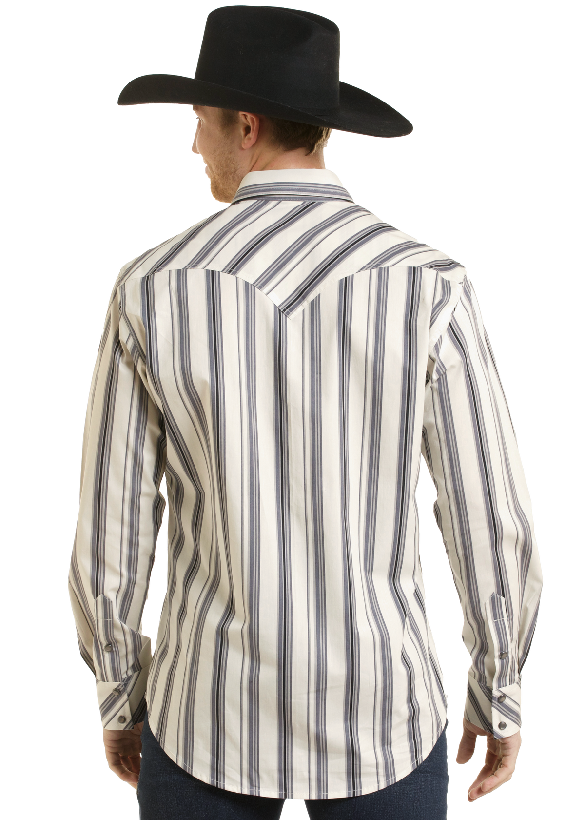 A man shown from the back wearing a cream western-style striped shirt with vertical navy and gray stripes, paired with a black cowboy hat and dark jeans, against a plain white background.