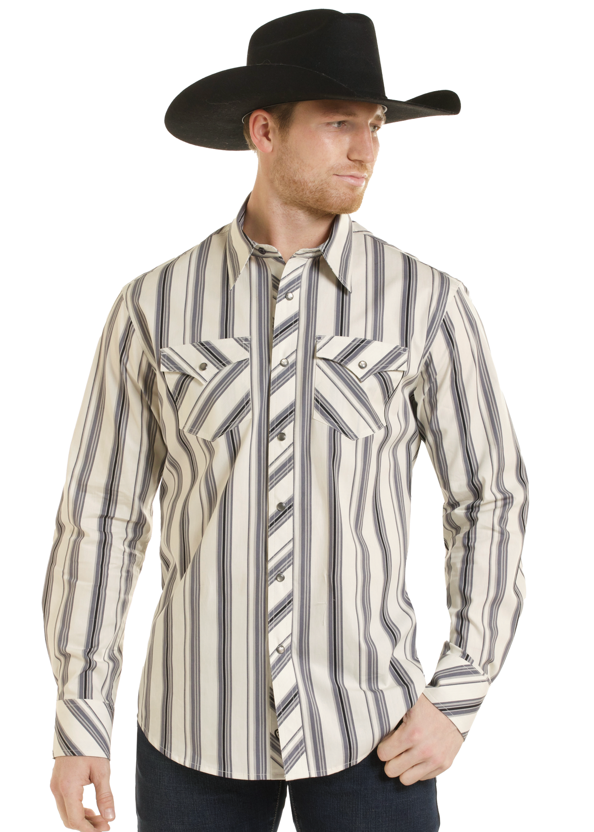 A man wearing a black cowboy hat and a cream western-style button-up shirt with vertical navy and gray stripes, paired with dark jeans, photographed against a plain white background.