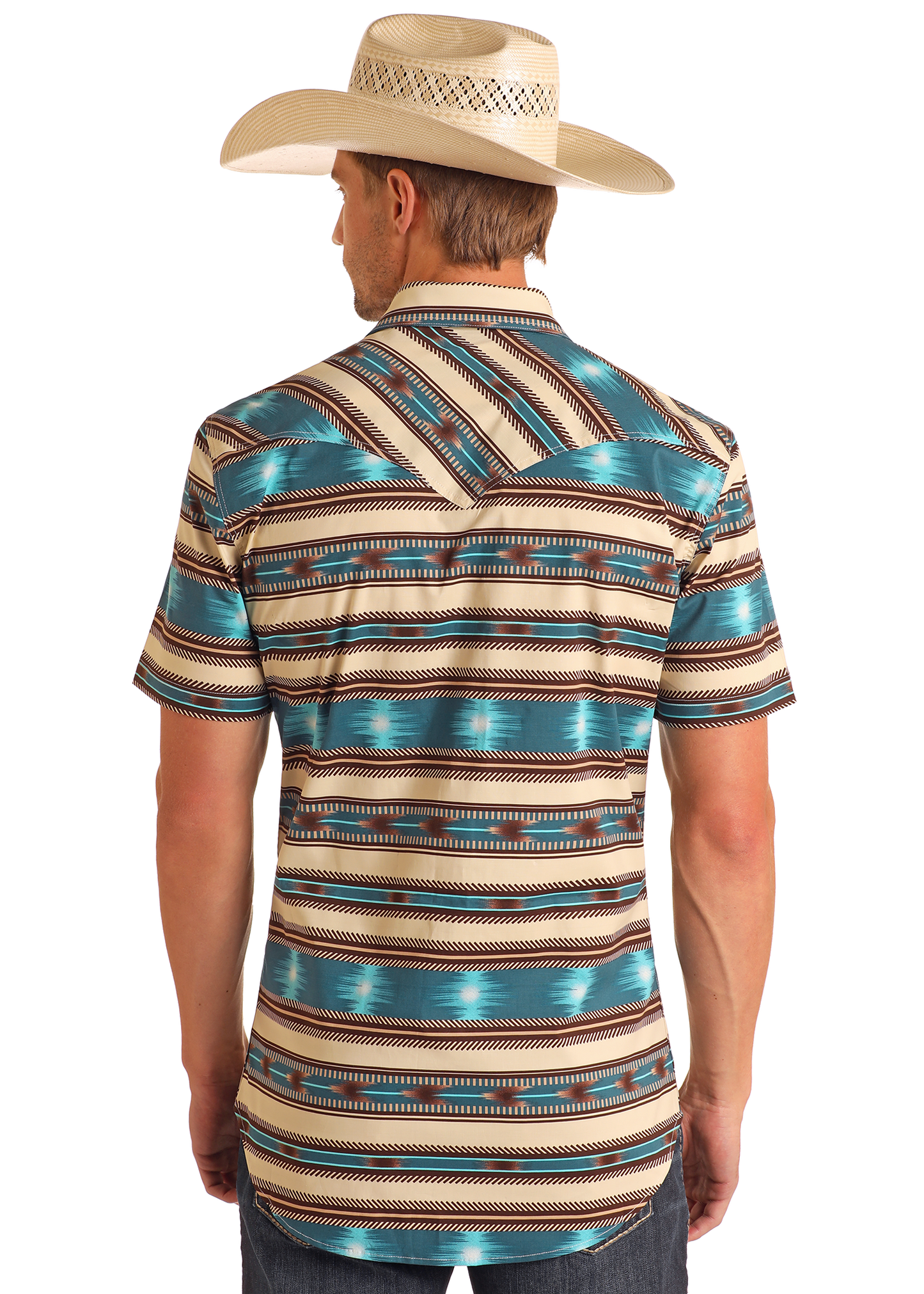 【mnem】Baven Stripe Snap Tee Men's Slim Fit Striped Aztec Print Short Sleeve Snap Shirt