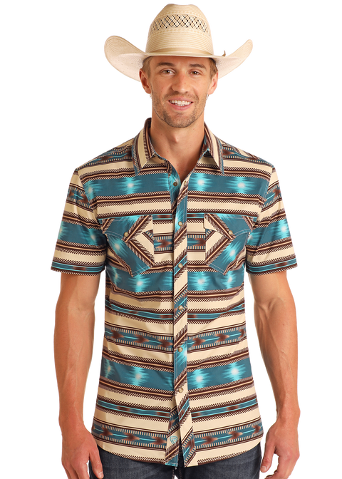 【mnem】Baven Stripe Snap Tee Men's Slim Fit Striped Aztec Print Short Sleeve Snap Shirt