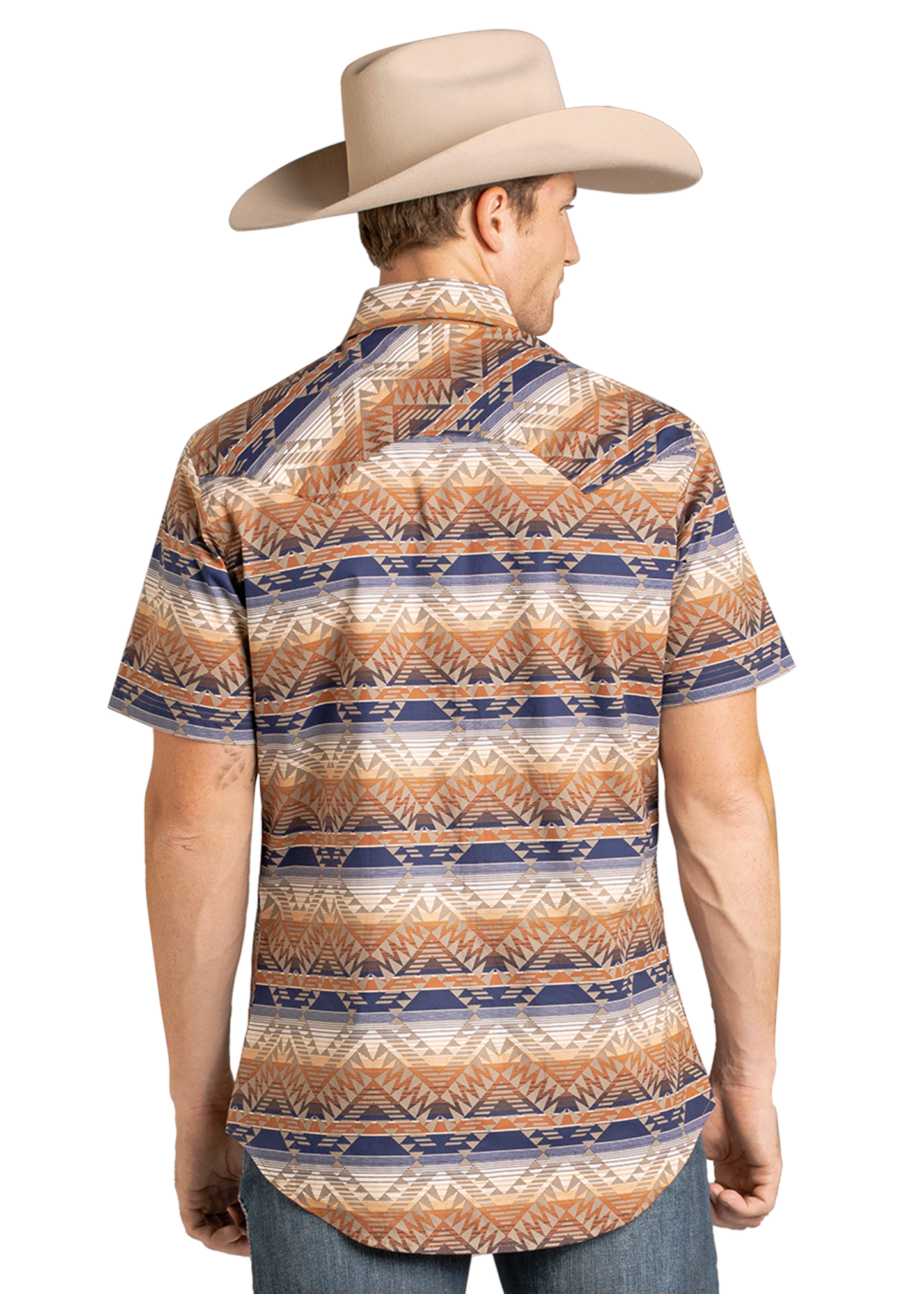 Man wearing a patterned shirt and cowboy hat on a white background