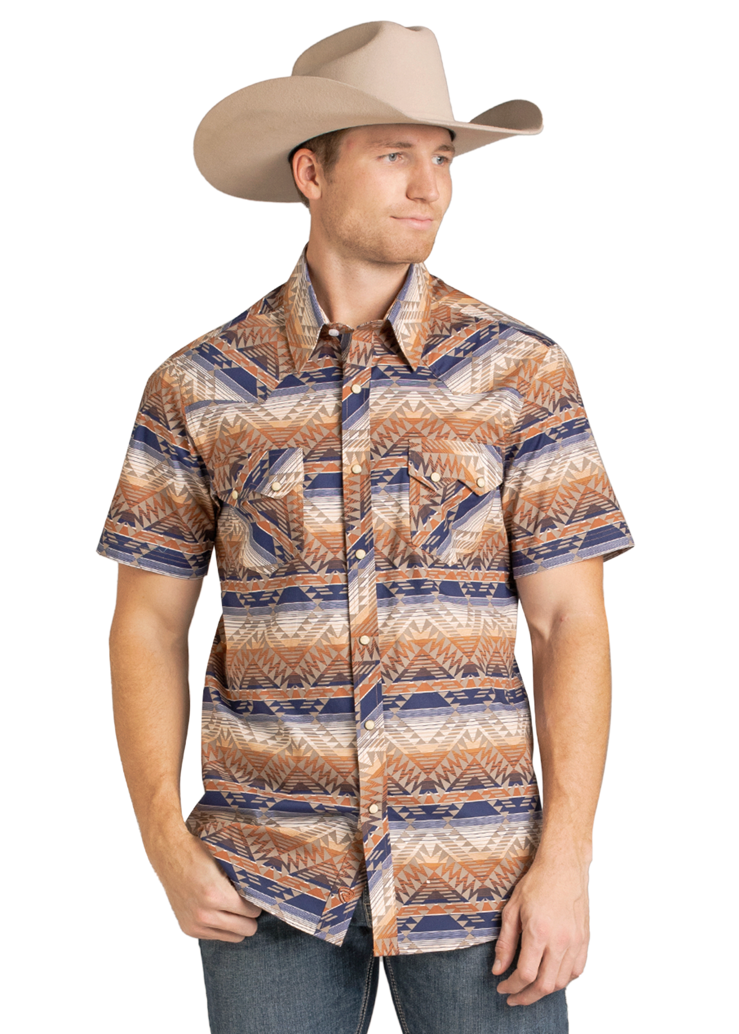 Man wearing a patterned shirt and cowboy hat on a white background