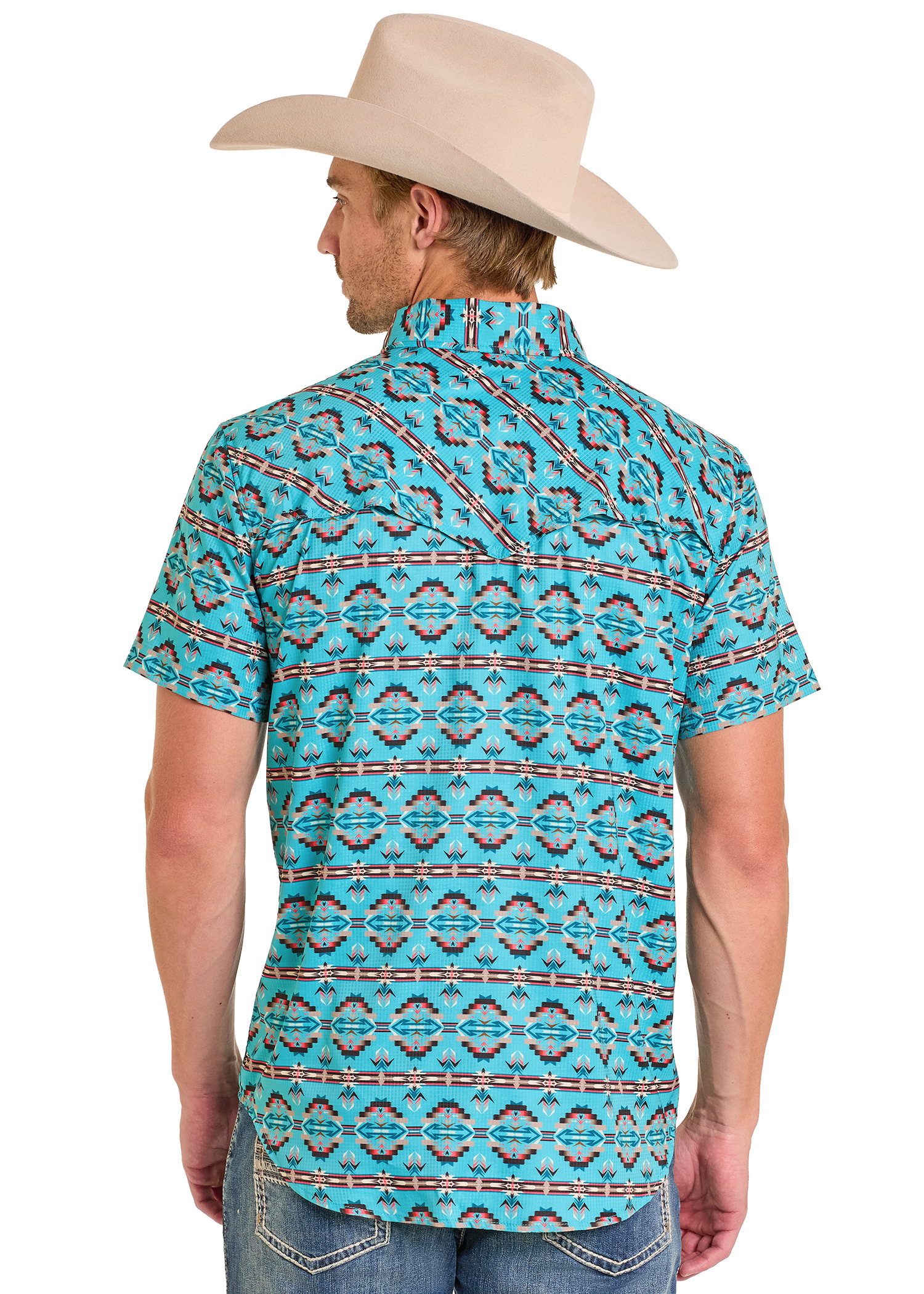 Man wearing a turquoise patterned shirt and beige cowboy hat on a white background