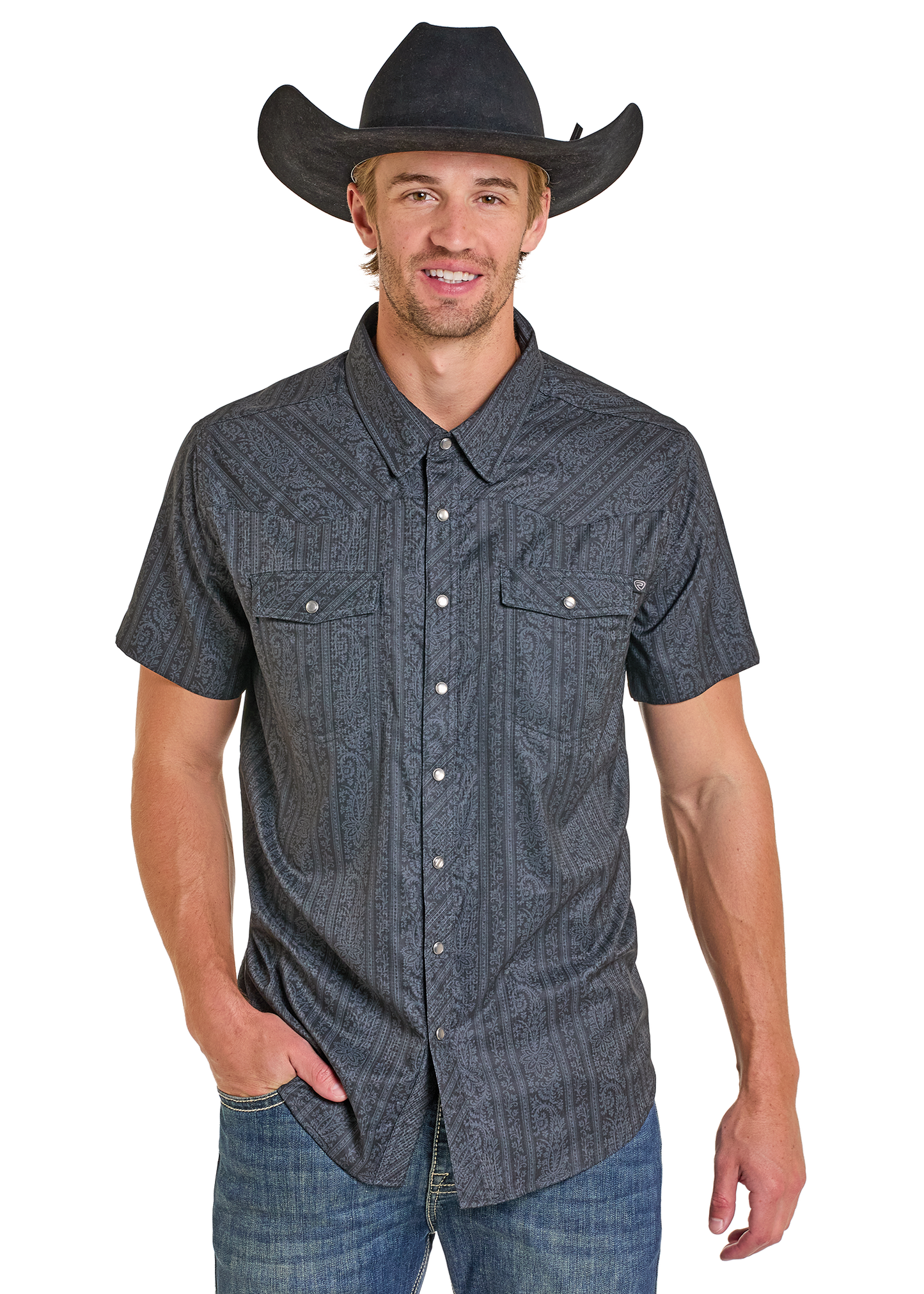 Man wearing a dark denim short-sleeve shirt and cowboy hat on a white background