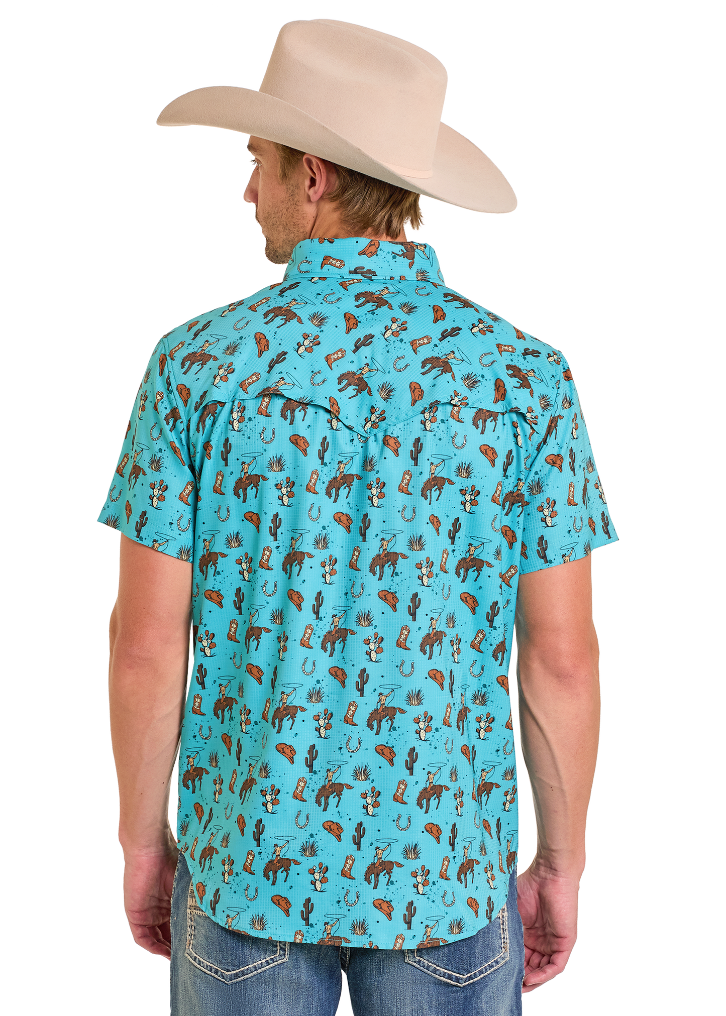 Person wearing a turquoise patterned shirt and beige cowboy hat on a white background