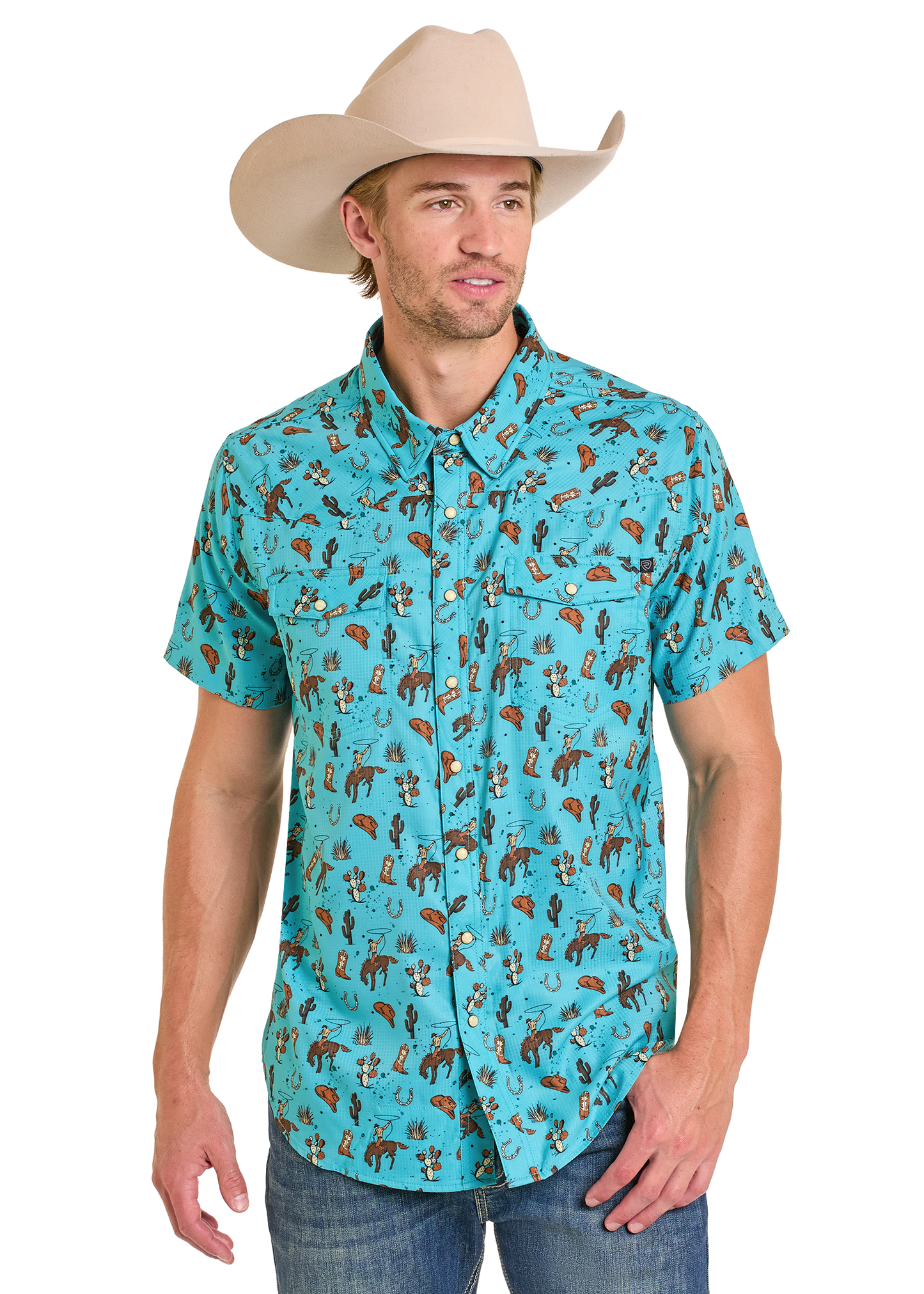 Man wearing a turquoise patterned shirt and beige cowboy hat on a white background