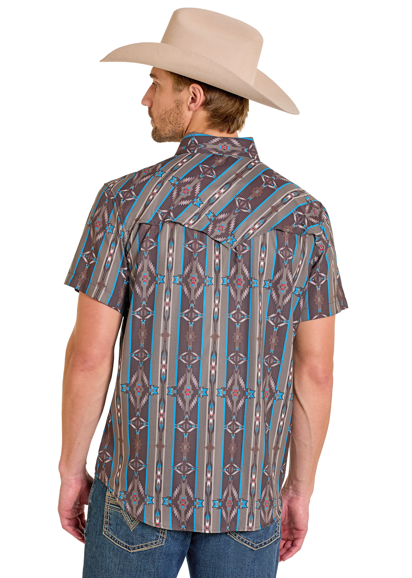 Man wearing a patterned short-sleeve shirt and cowboy hat on a white background