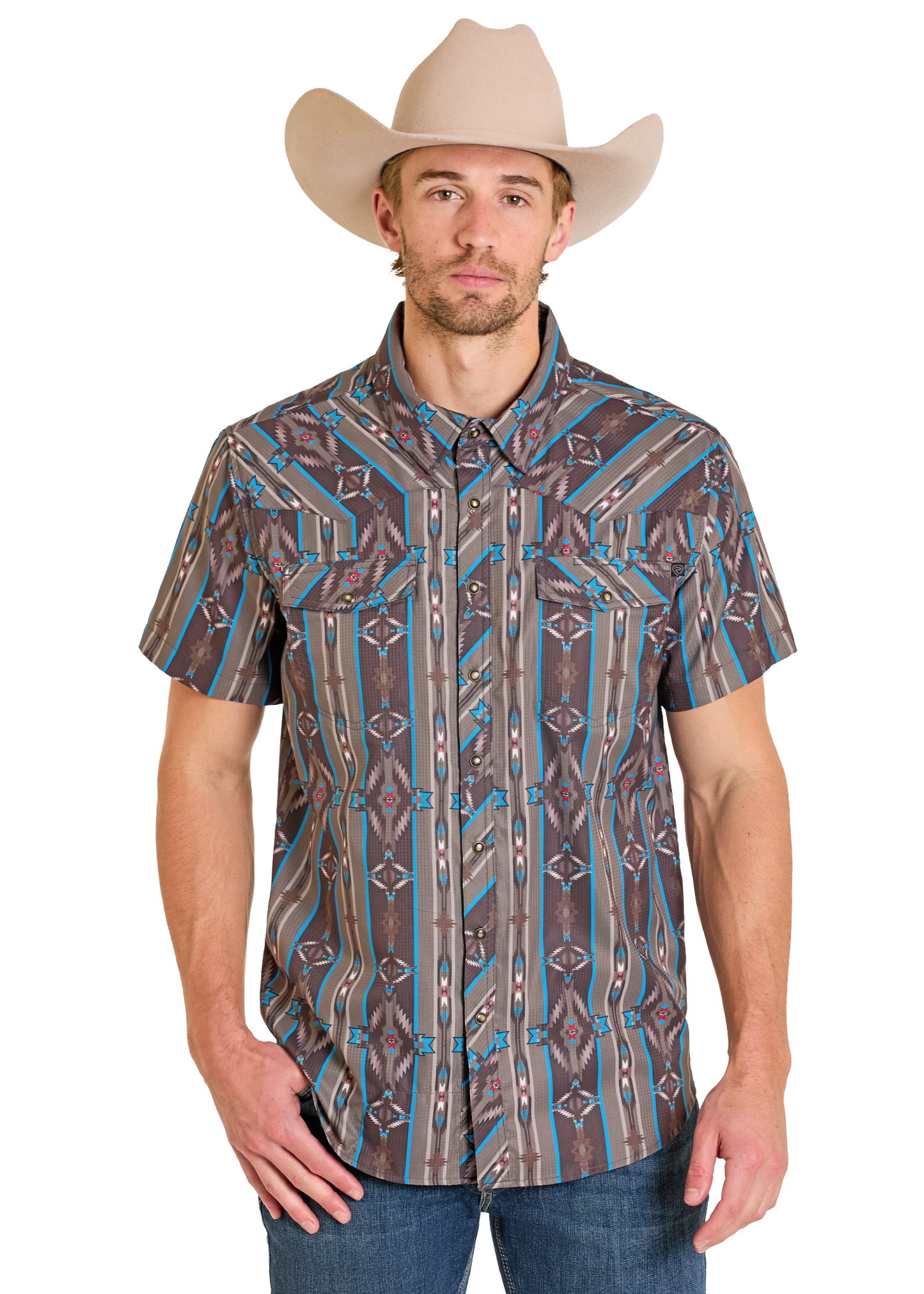 Man wearing a patterned short-sleeve shirt and cowboy hat on a white background