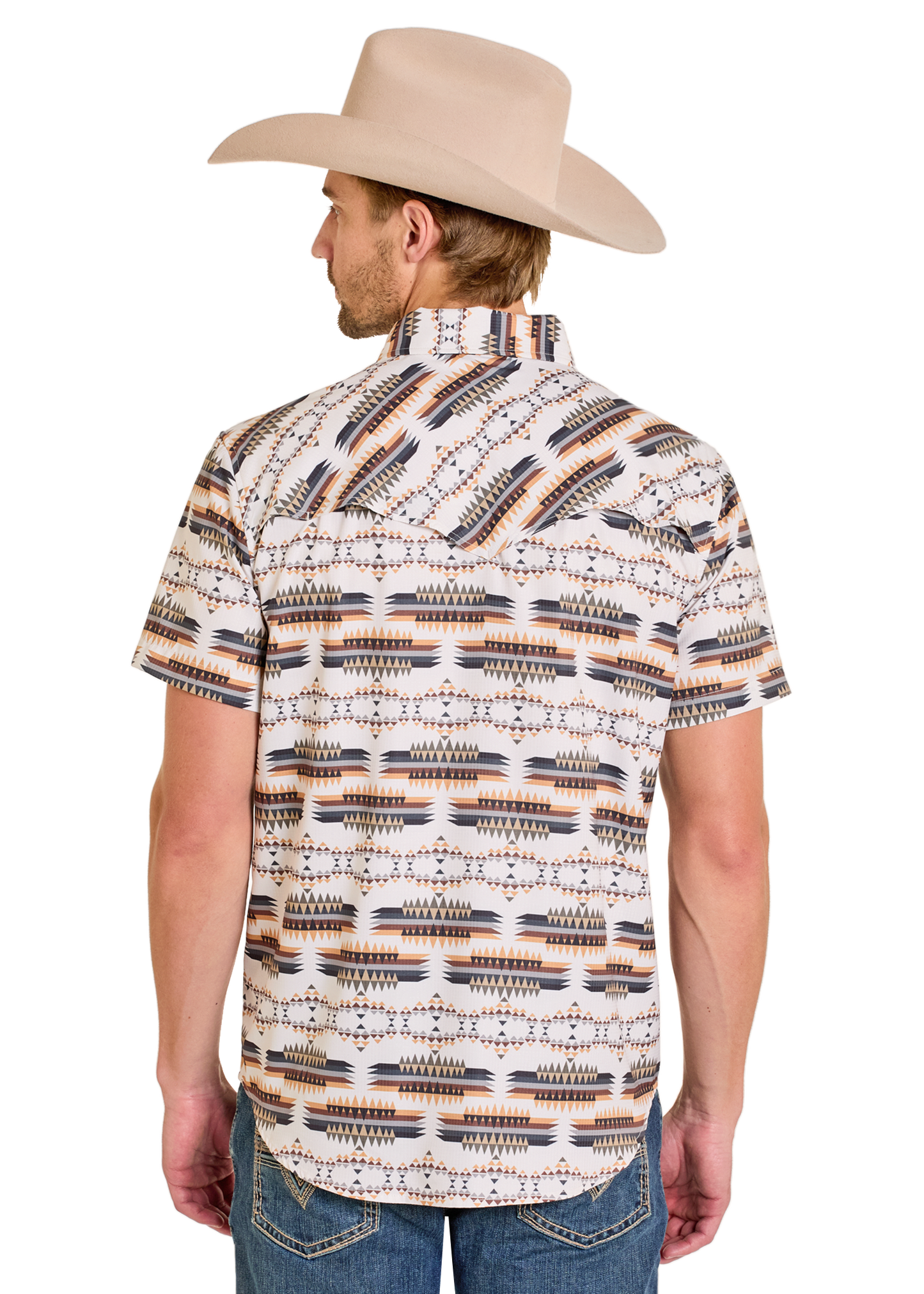 Man wearing a patterned short-sleeve shirt and cowboy hat on a white background
