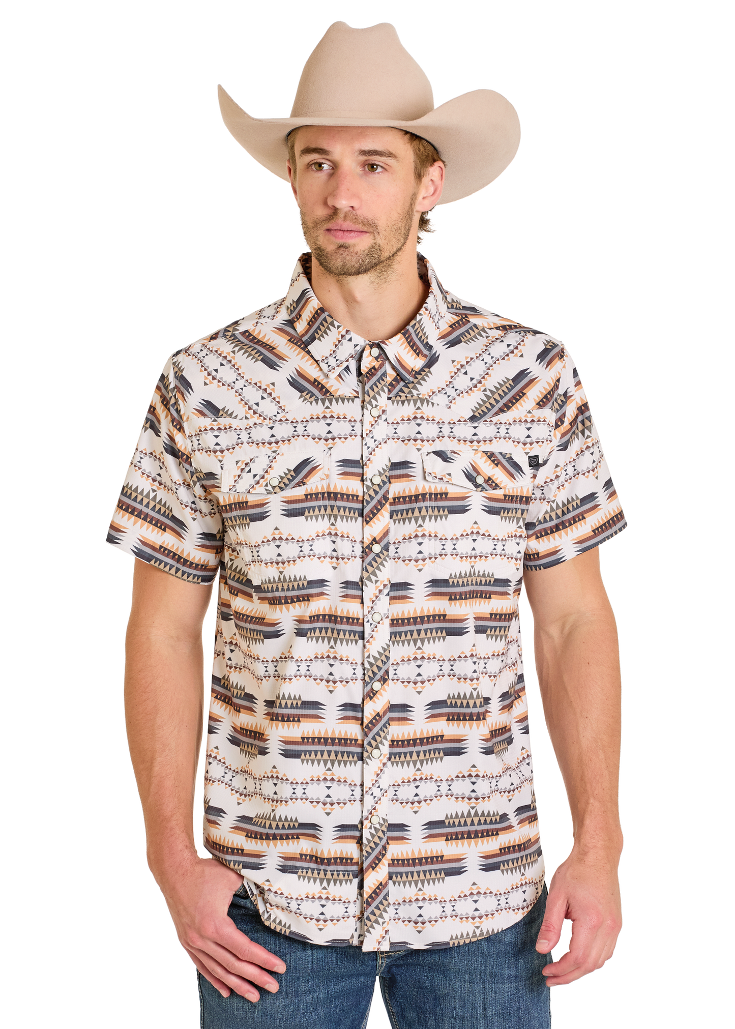 Man wearing a patterned short-sleeve shirt and cowboy hat on a white background