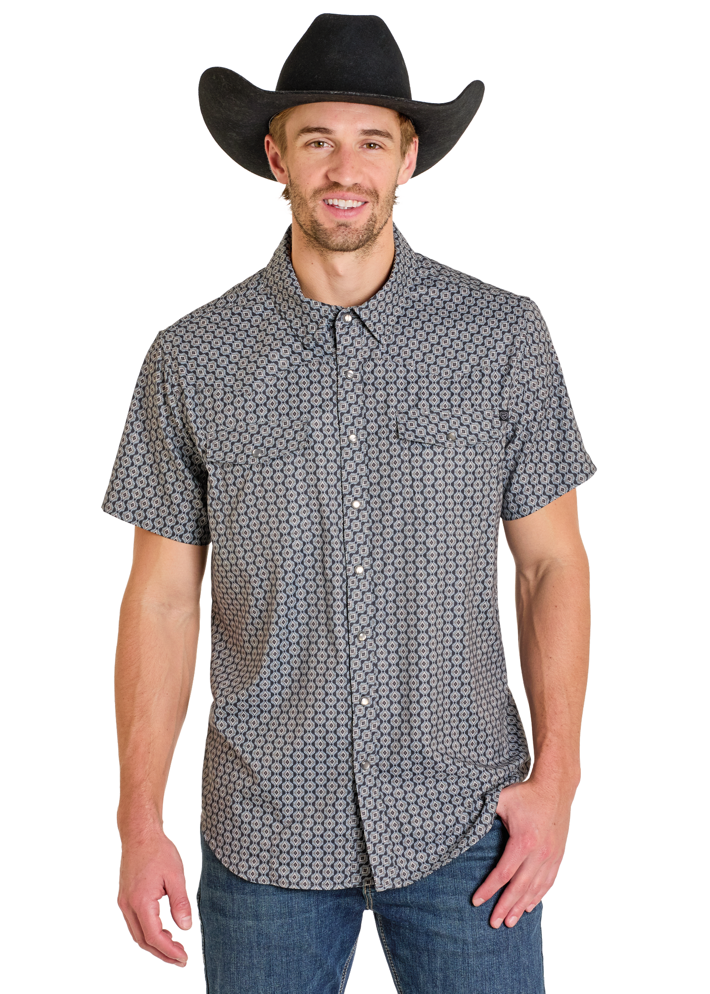 Man wearing a patterned shirt and black cowboy hat on a white background