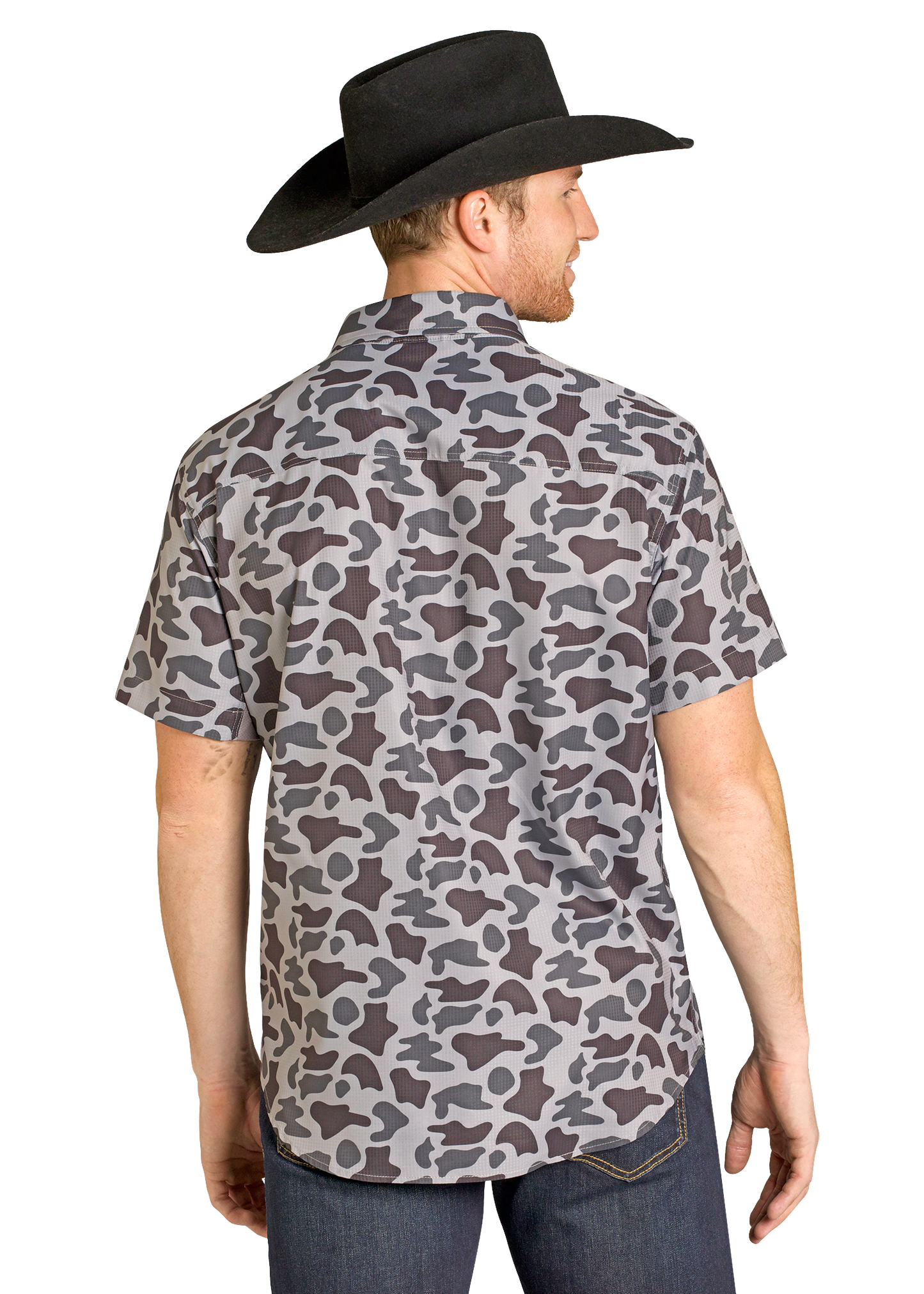 Man wearing a camouflage shirt and black cowboy hat on a white background