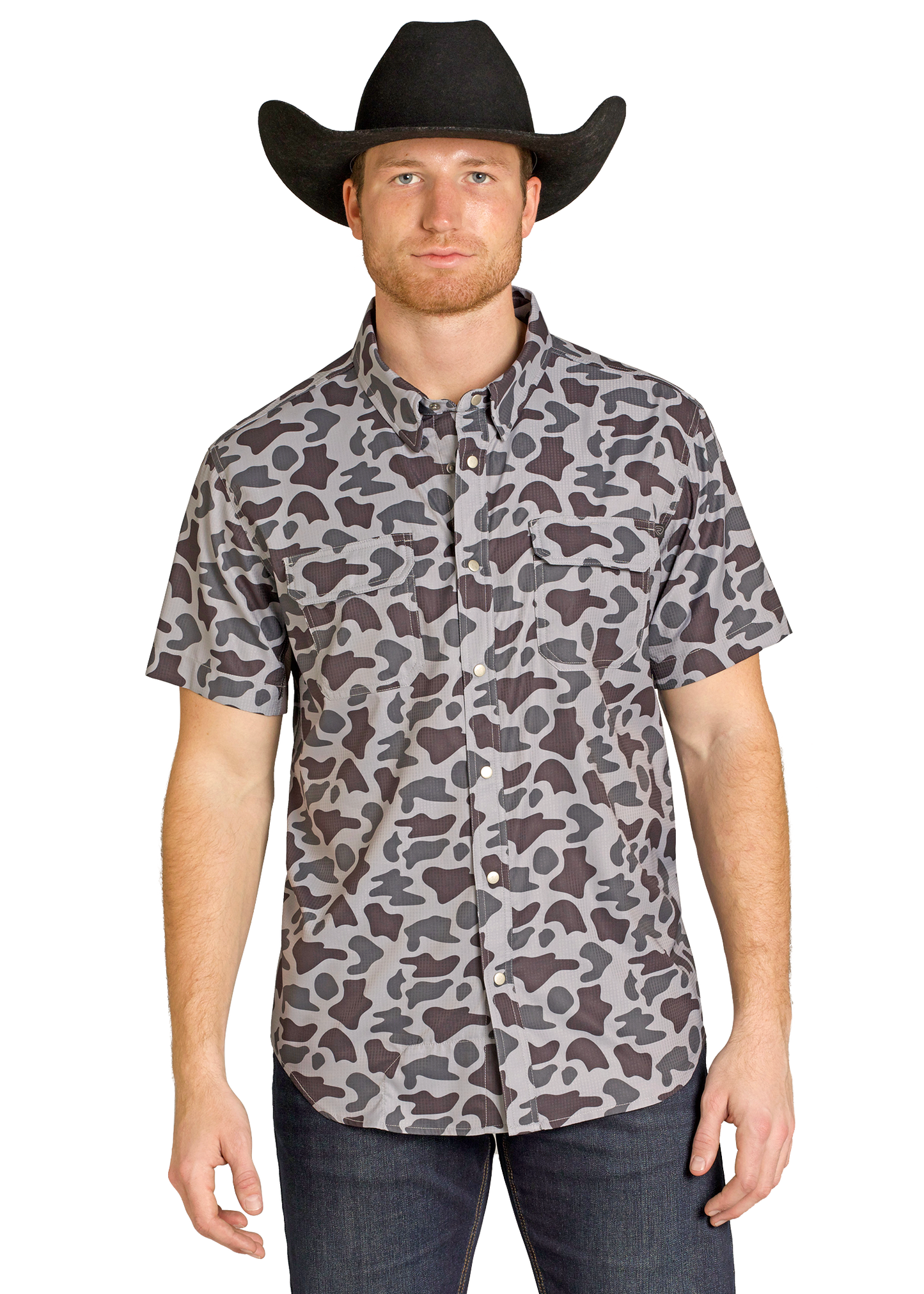 Man wearing a camouflage shirt and black cowboy hat on a white background