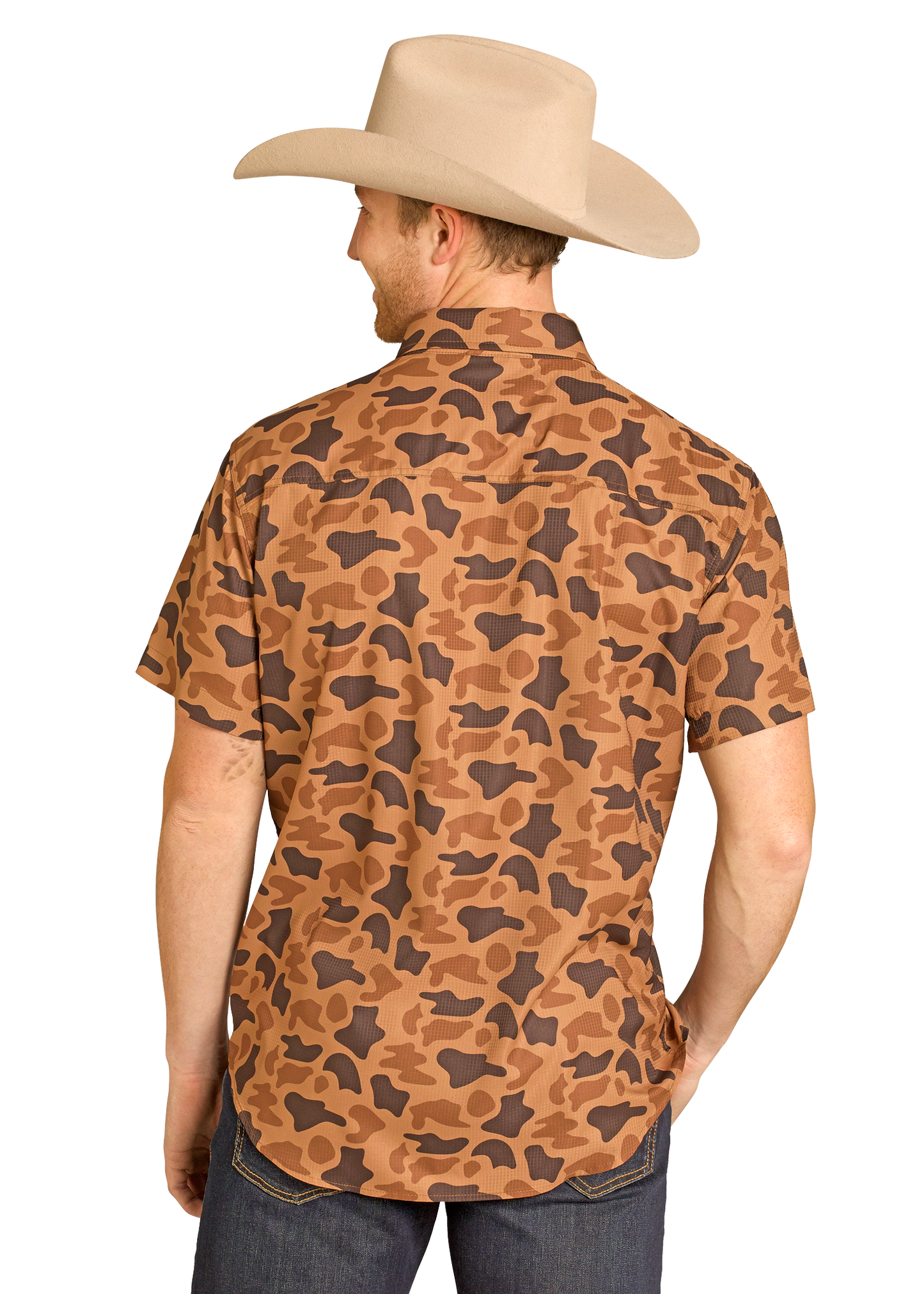 Man wearing a patterned shirt and cowboy hat on a white background