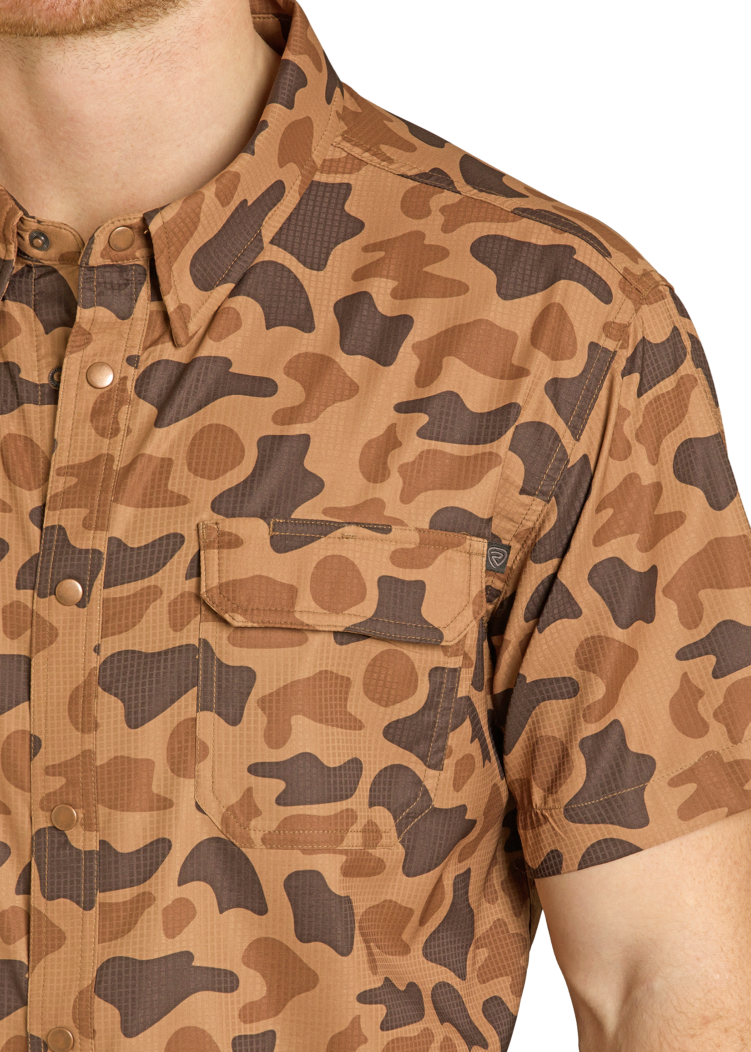 Brown camouflage shirt worn by a person on a white background