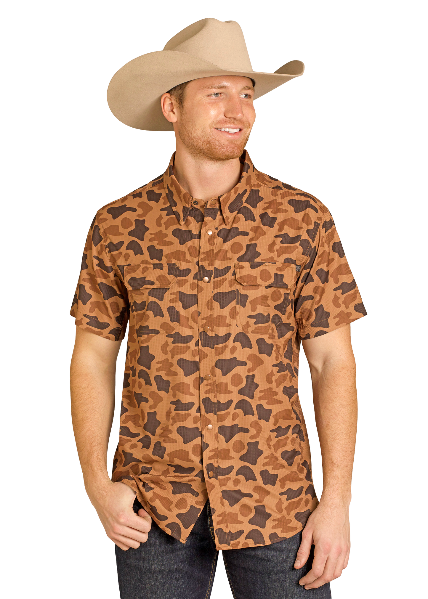 Man wearing a brown camouflage shirt and cowboy hat on a white background