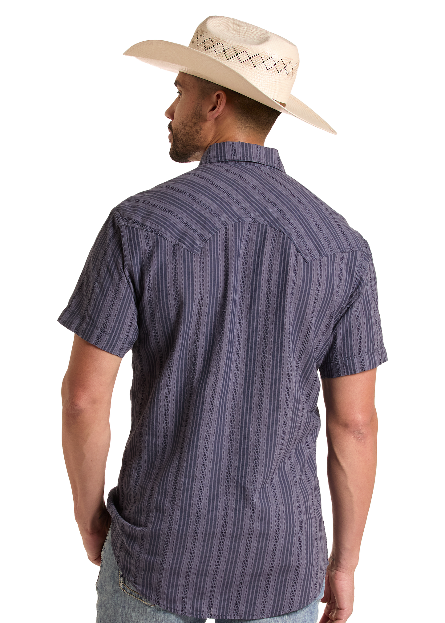 Man wearing a striped shirt and cowboy hat on a white background